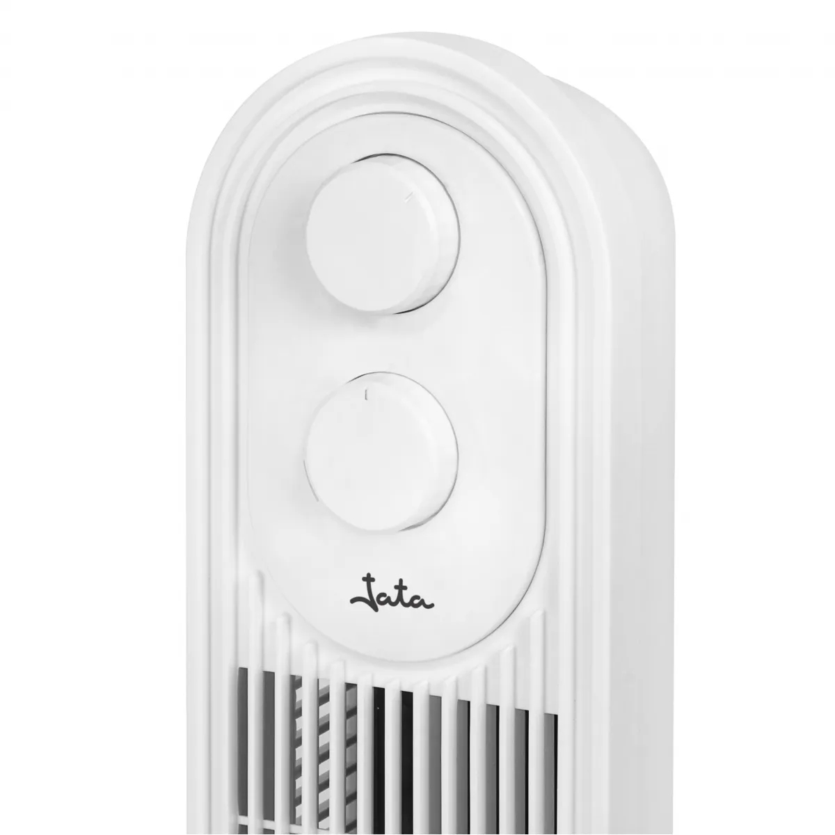 Biały grzejnik elektryczny z dwoma pokrętłami, pionowa konstrukcja i otwór wentylacyjny na dole.