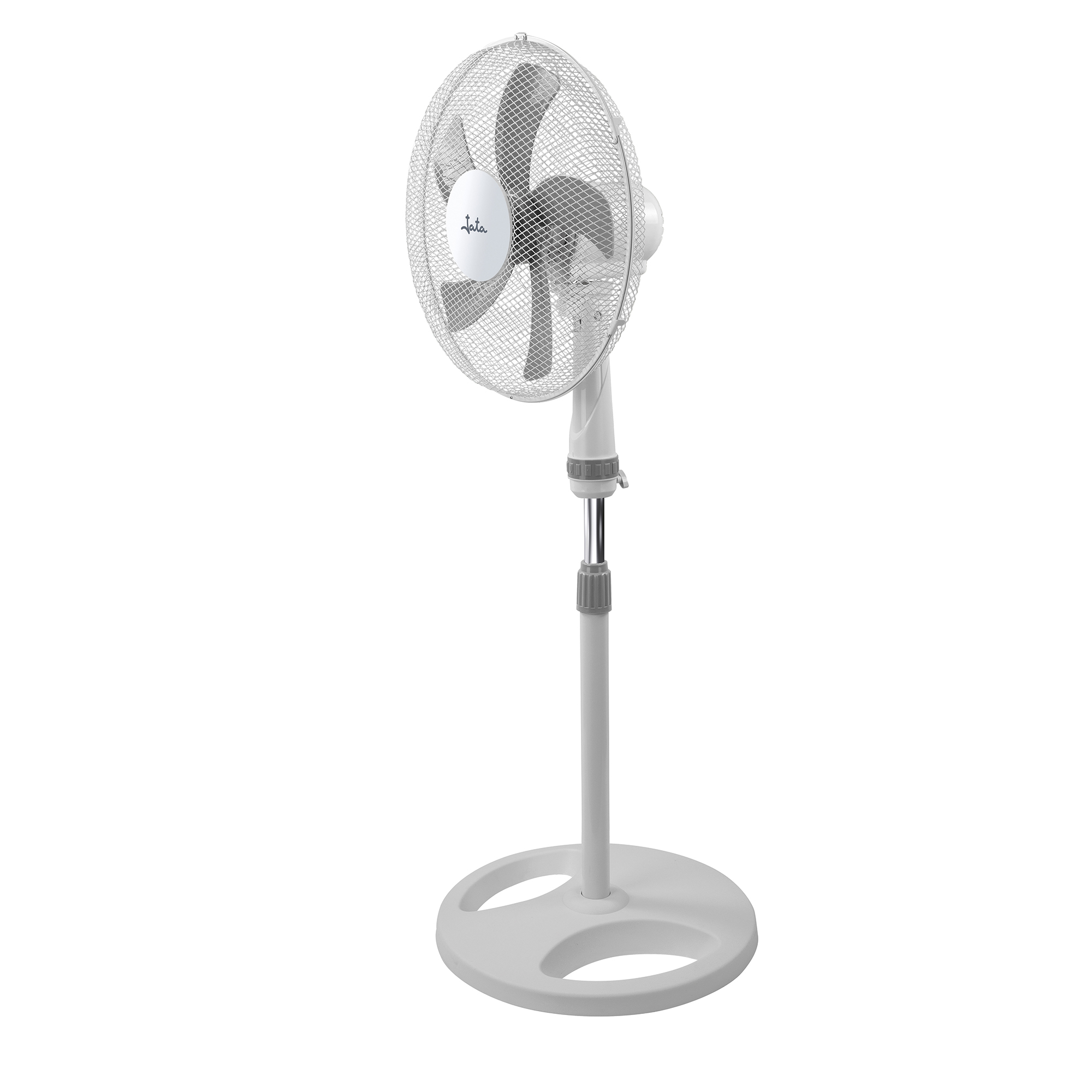 Ventilador de pie blanco y gris. Base redonda y rejilla protectora. Diseño sencillo.