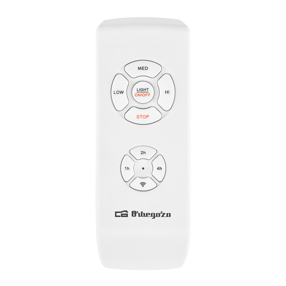 Un control remoto blanco con botones para bajo, medio, alto y encendido/apagado de luz, y ajustes de temporizador.