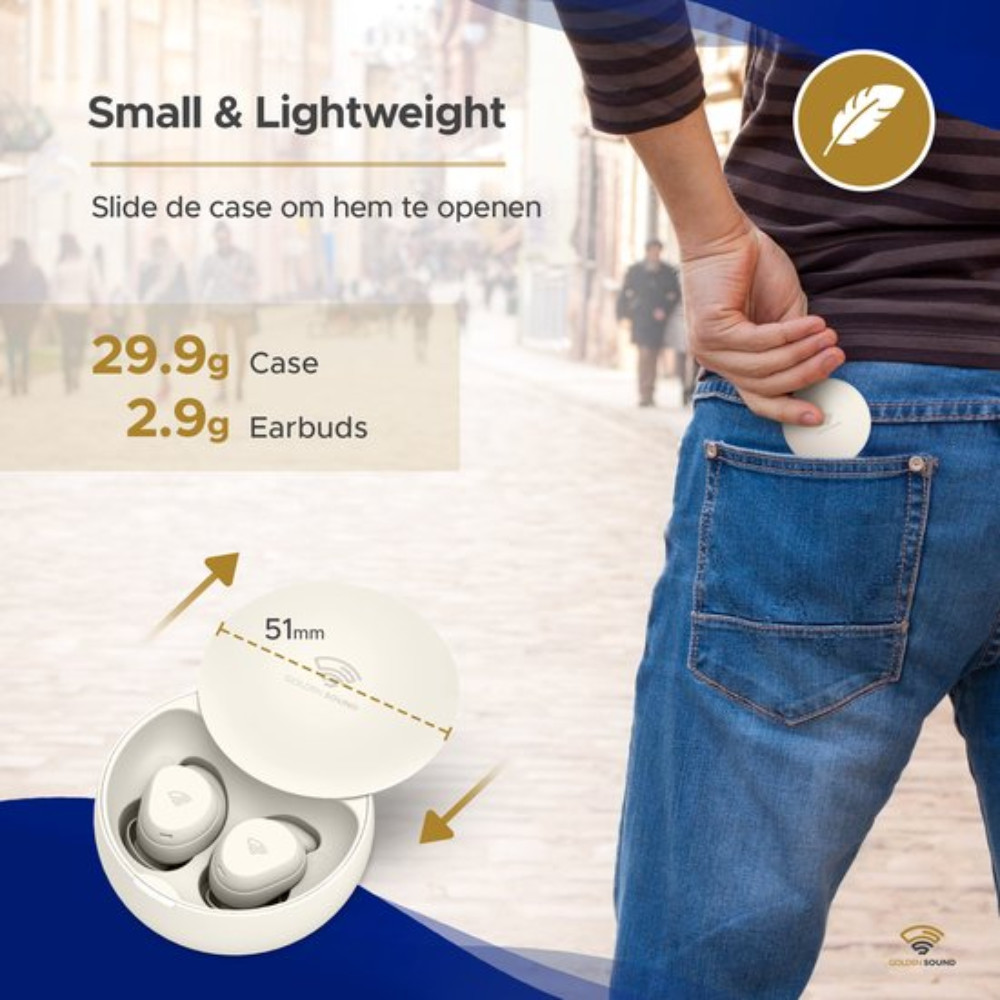 Earbuds and charging case, inside pocket. Person wearing jeans walking outside. Blue and white graphic.