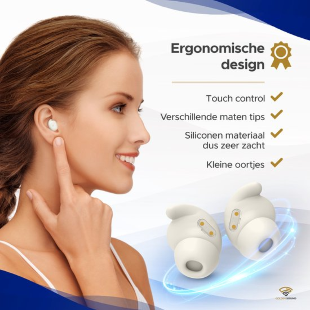 Woman with earbuds, showcasing product features. Text highlights touch control, tips, and design.