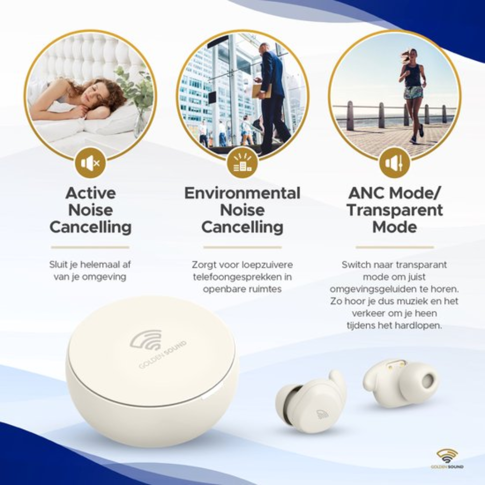 Three wireless earbuds, with icons and text about noise cancellation.