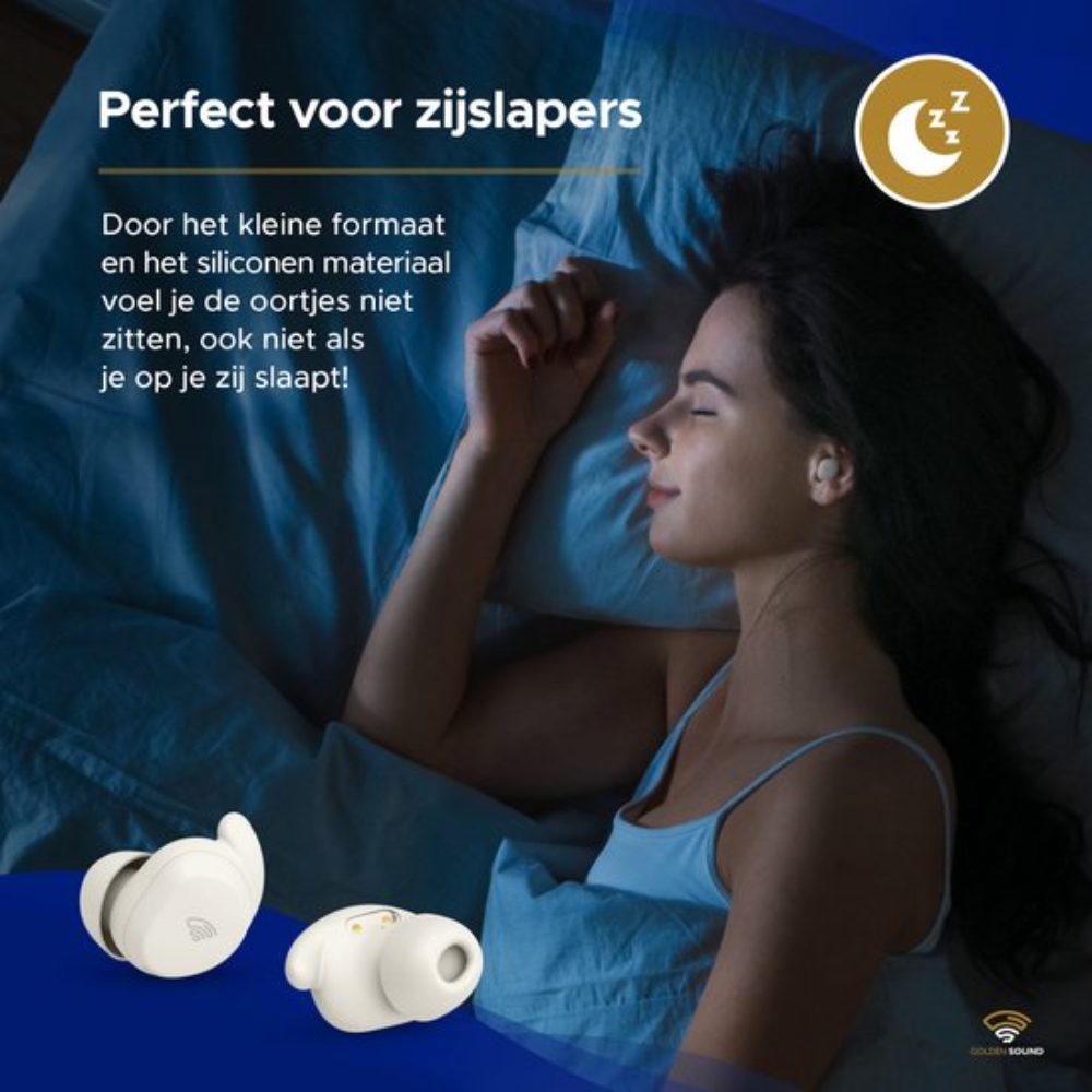 Woman sleeping with earbuds. Two earbuds visible below. Text says 'Perfect for side sleepers'.
