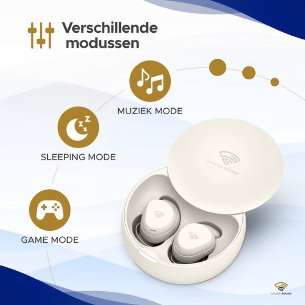 Wireless earbuds in a white case. Various modes are displayed around the case. Golden Sound logo.