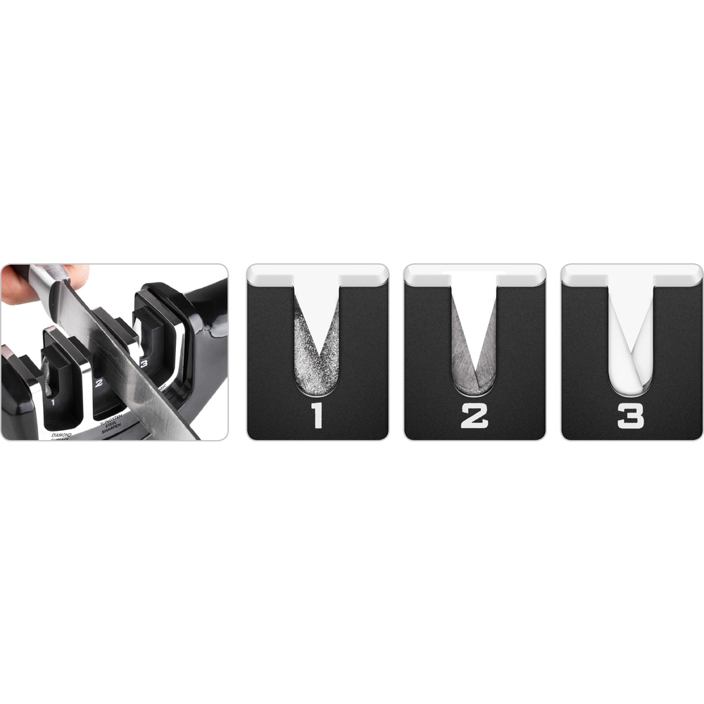 Zbliżenie na ostrzony nóż, z trzema oznaczonymi otworami do ostrzenia.