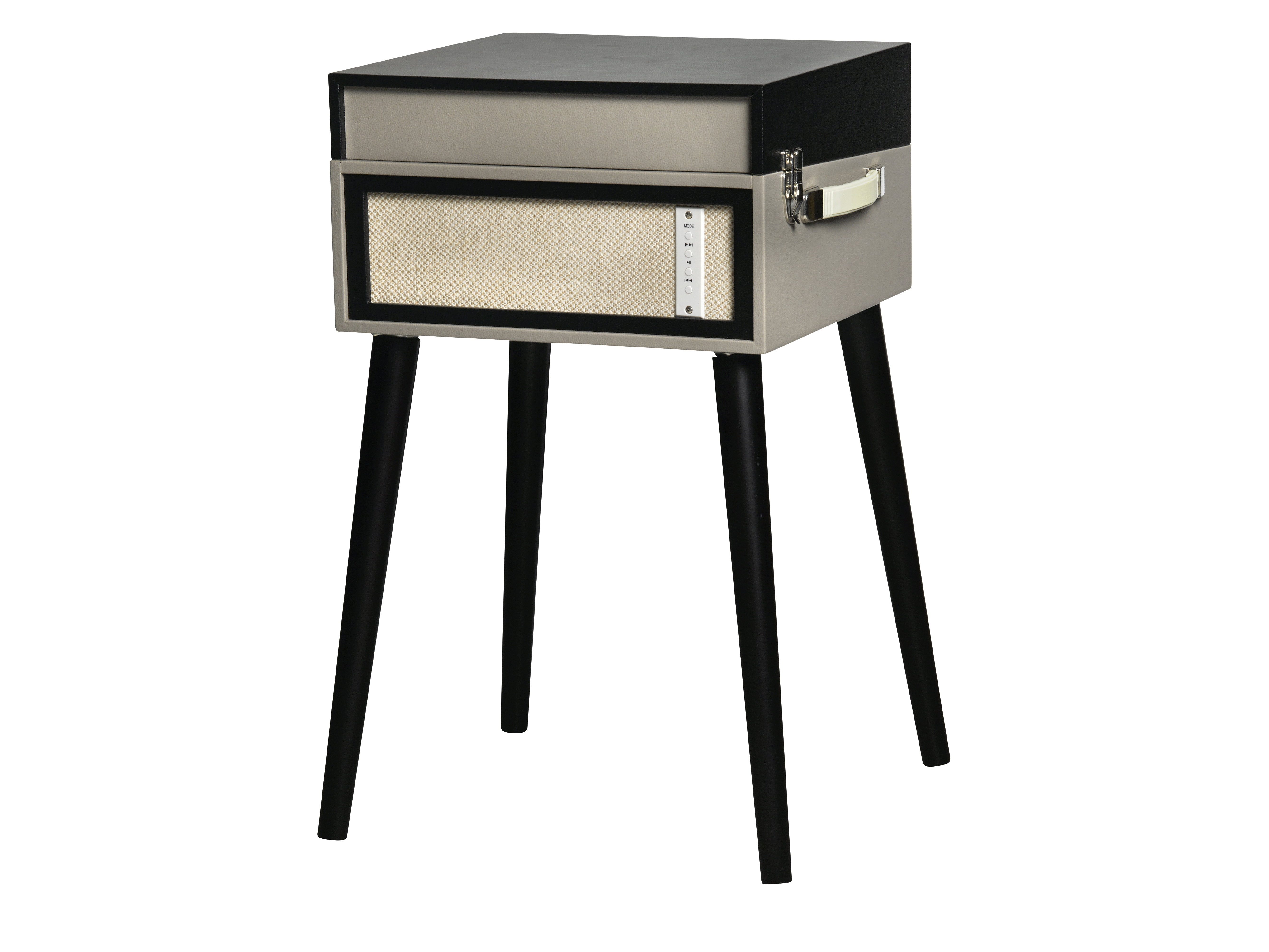 Ein kleiner Schrank im Mid-Century-Modern-Stil auf Beinen. Es ist grau mit schwarzen Akzenten.