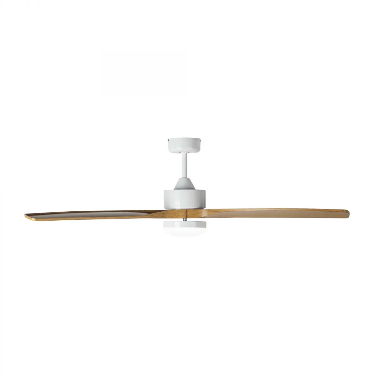 White ceiling fan with two wooden blades, mounted on a white ceiling. Clean, simple design.