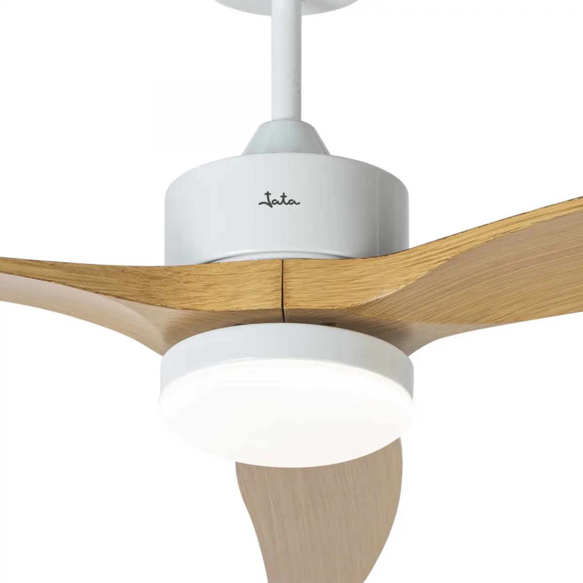 White ceiling fan with wooden blades. The brand name 'Iata' is visible.