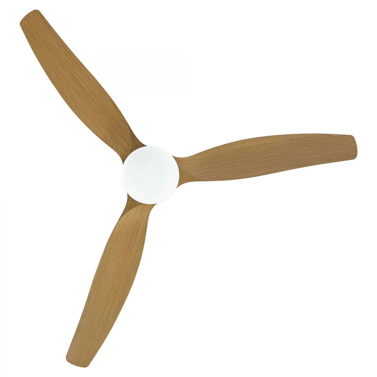 Ceiling fan with three light brown blades and a white center. White background.