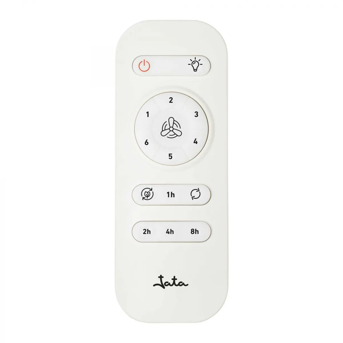 White remote control with buttons for power, light, fan speed, and timers.