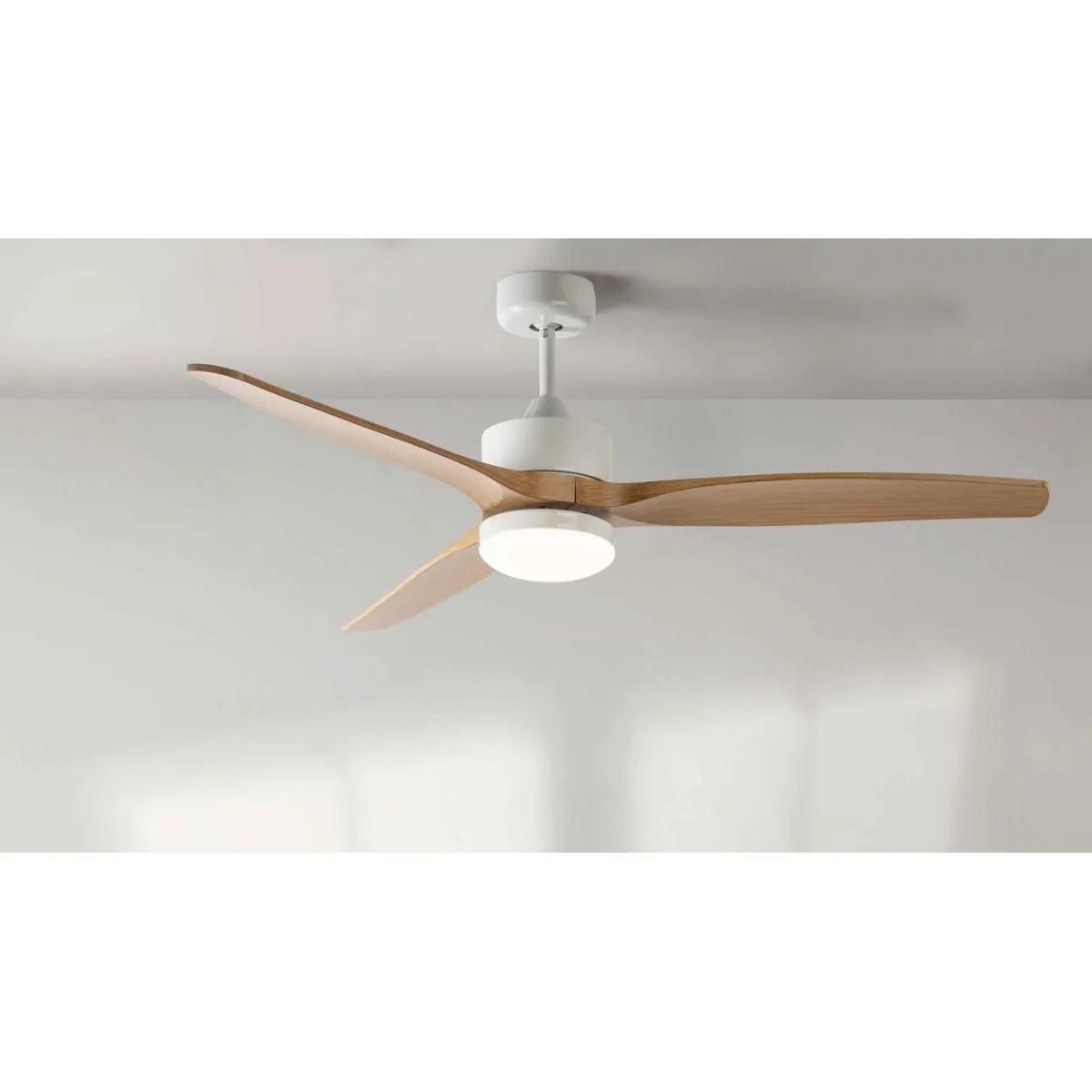 A white ceiling fan with three wooden blades and a central light.