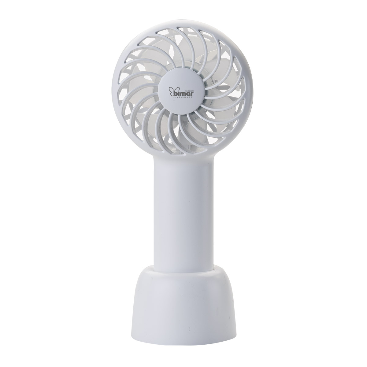 Witte, handventilator met een gebogen bladdesign. De ventilator heeft een handvat en een voet.