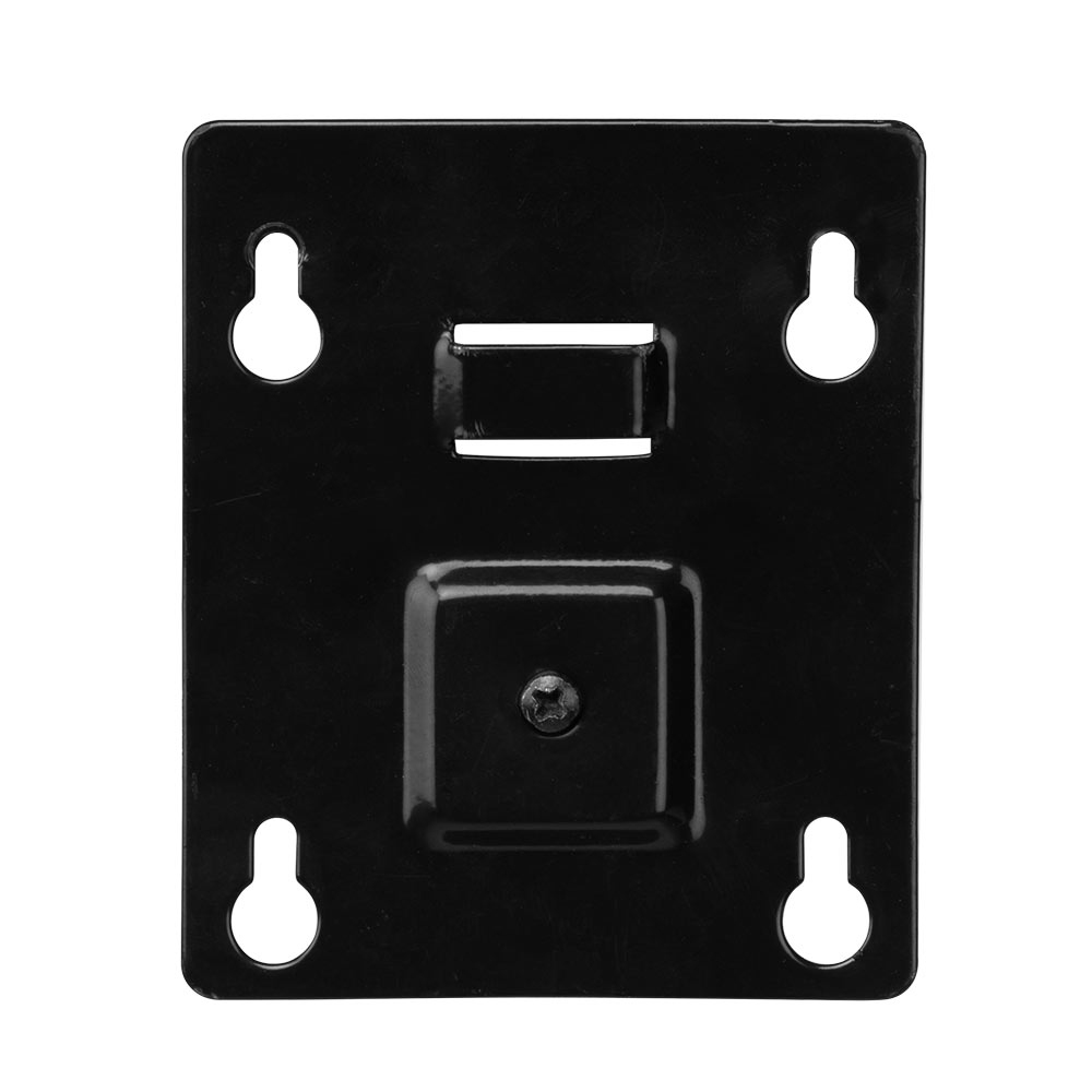 Placa de montaje metálica negra con cuatro ranuras y un soporte rectangular central.