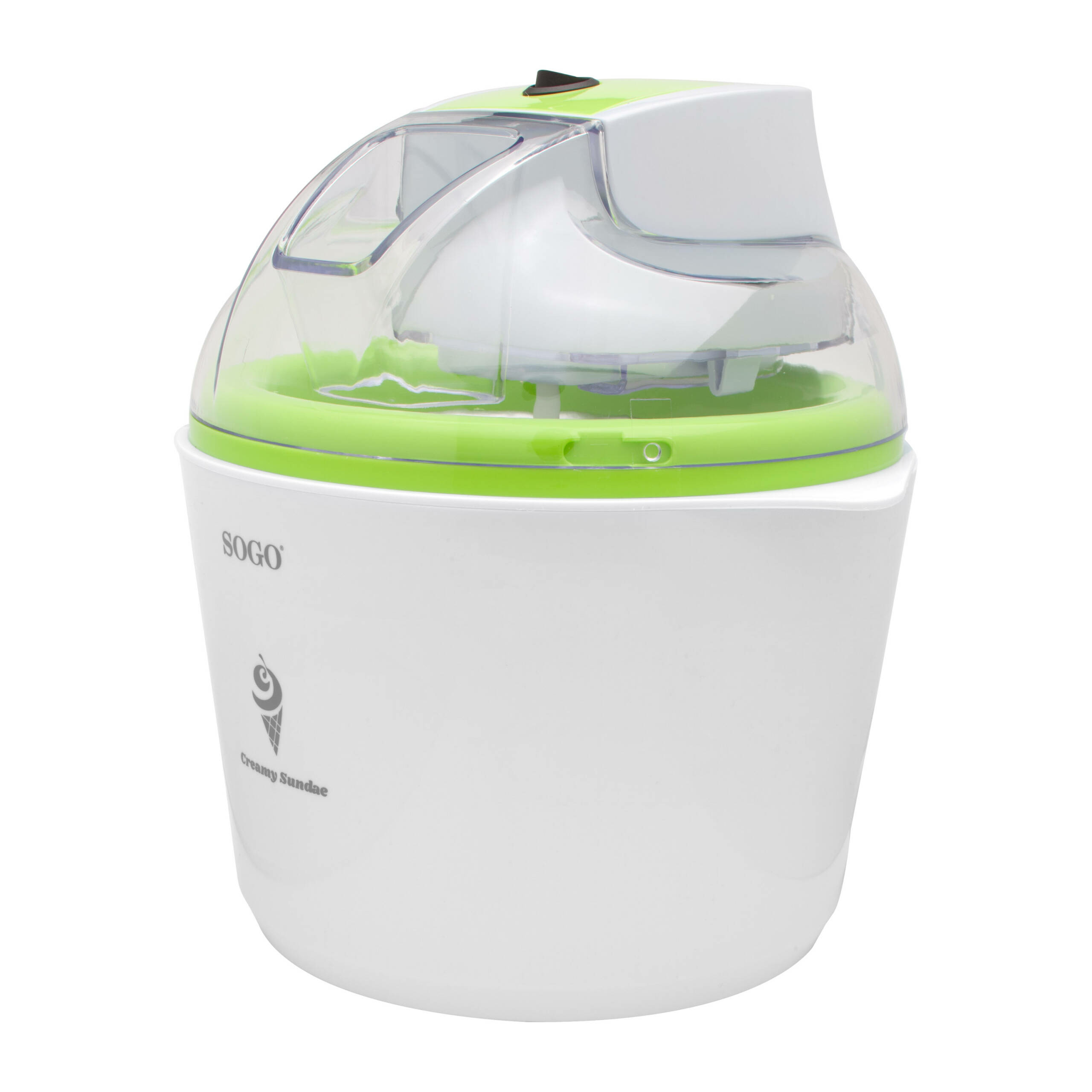 Una heladera blanca y verde con tapa transparente y el logo SOGO Creamy Sundae.