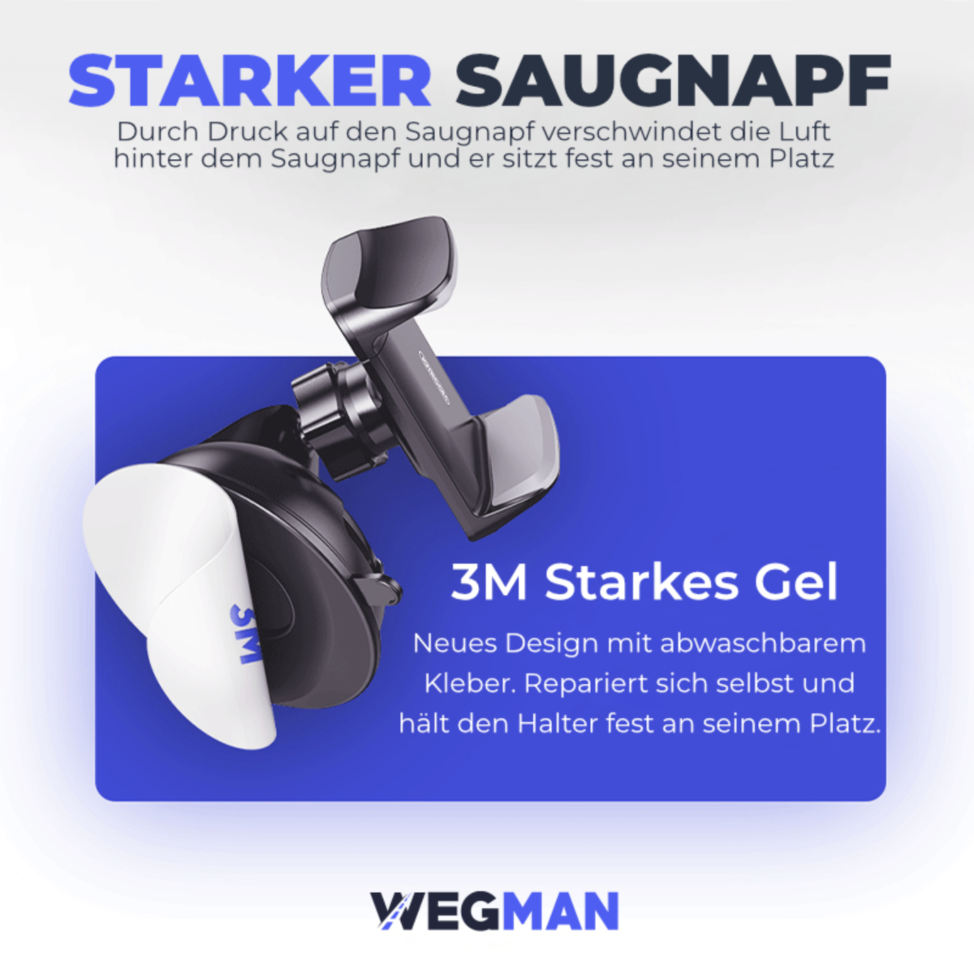 Ein Telefonhalter mit deutschem Text auf blauem Hintergrund.