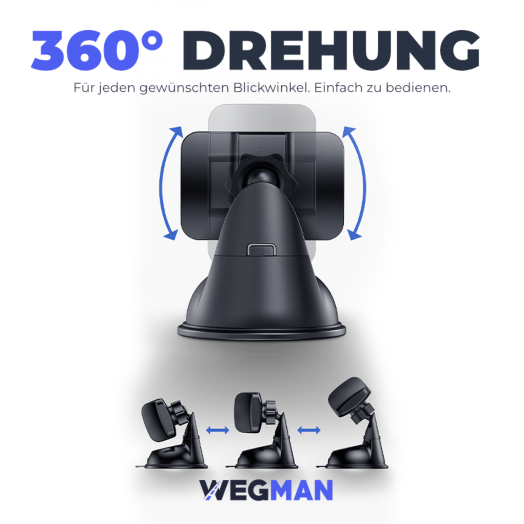 Schwarzer Autotelefonhalter mit 360-Grad-Drehung auf weißem Hintergrund. Text: 360° Drehung, einfach zu bedienen.