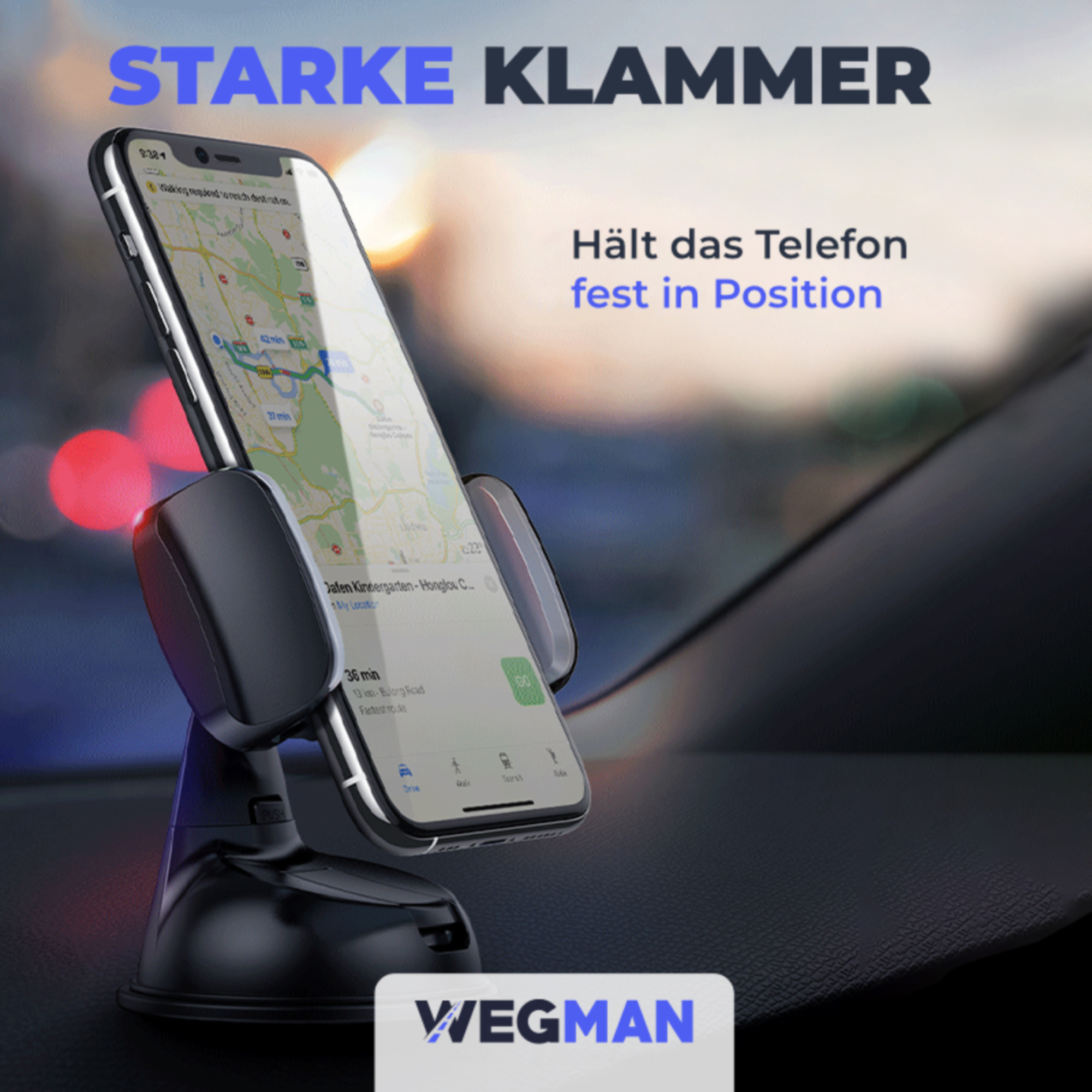 Telefon in einer Autohalterung, das eine Karte anzeigt, mit deutschem Text.