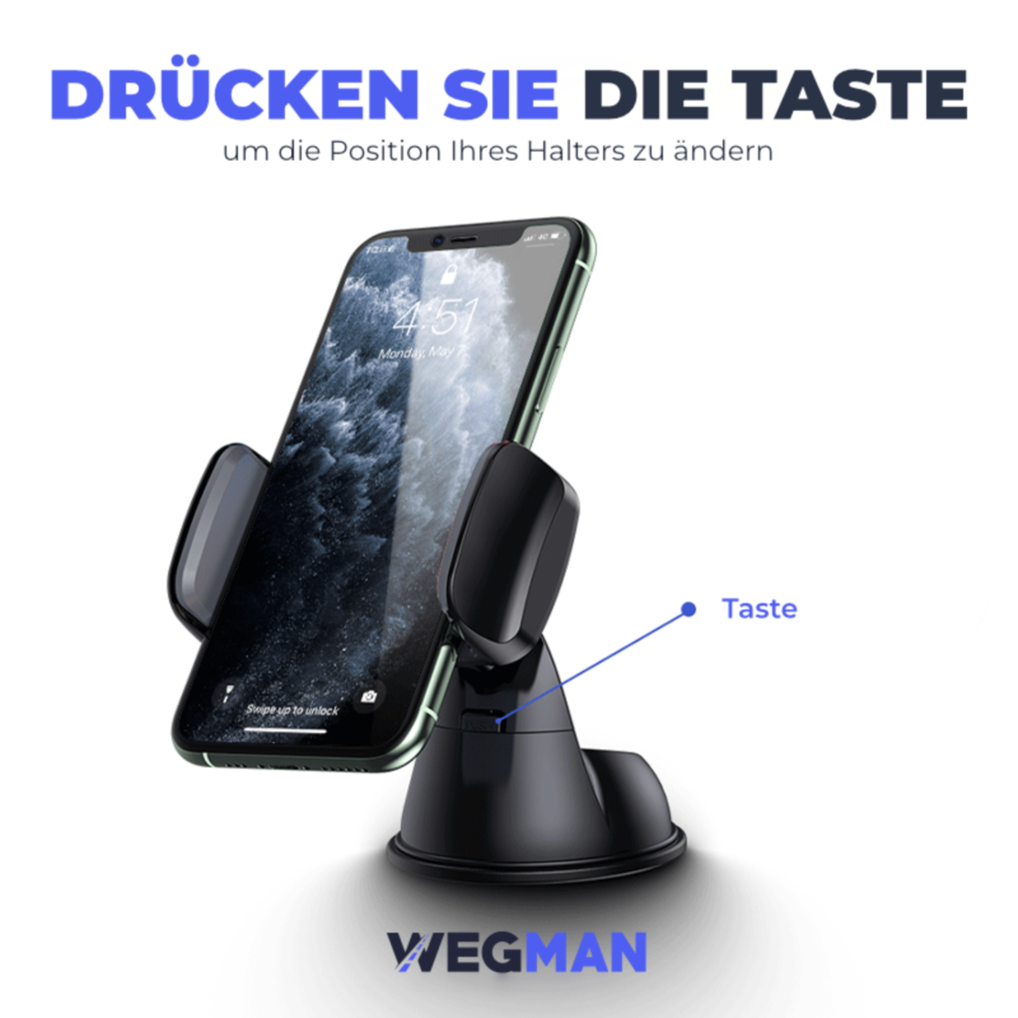 Ein Smartphone in einer Autohalterung. Text weist darauf hin, eine Taste zu drücken, um die Position zu ändern.