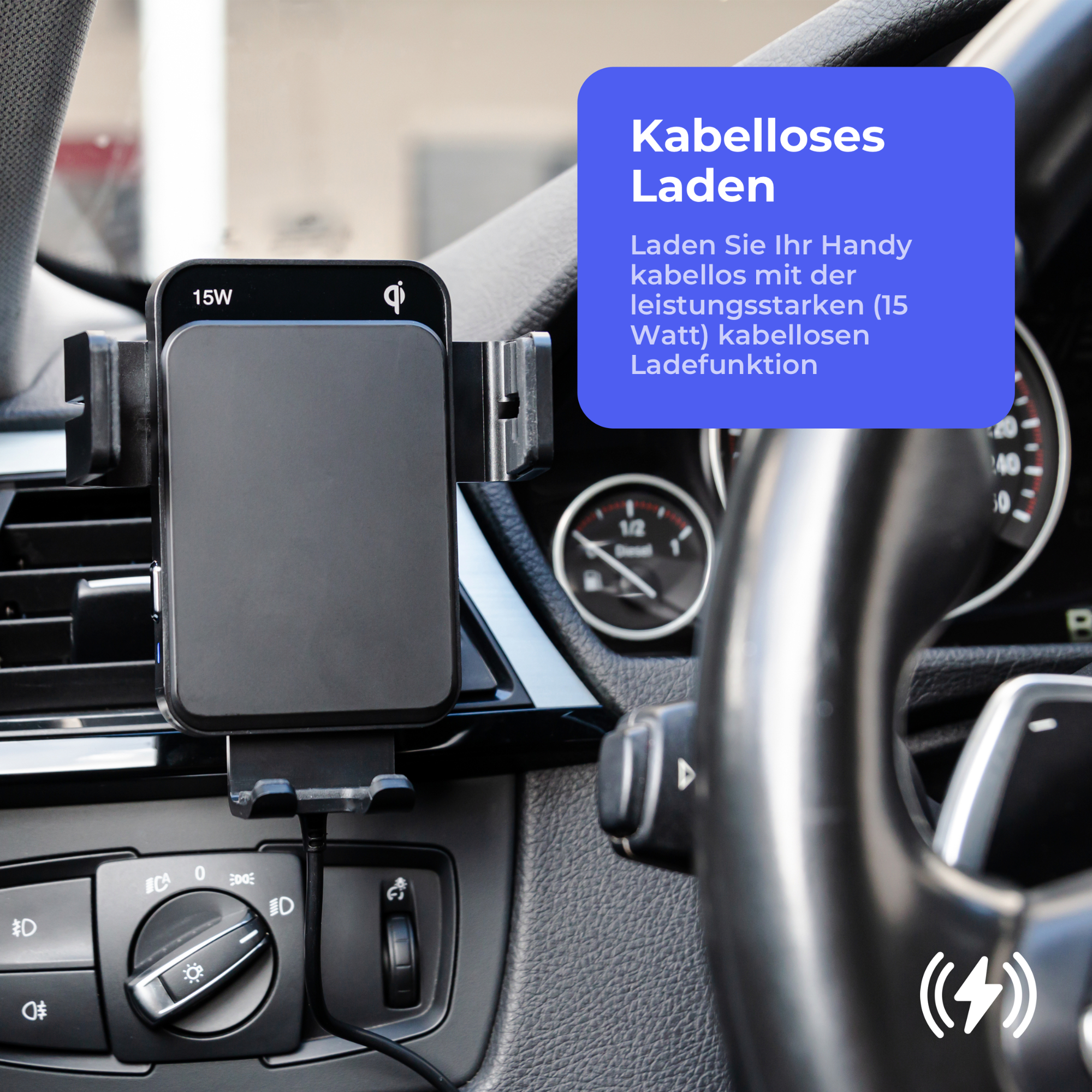 Ein schwarzer kabelloser Lade-Telefonhalter ist in einem Auto montiert. Ein Textfeld ist ebenfalls vorhanden.