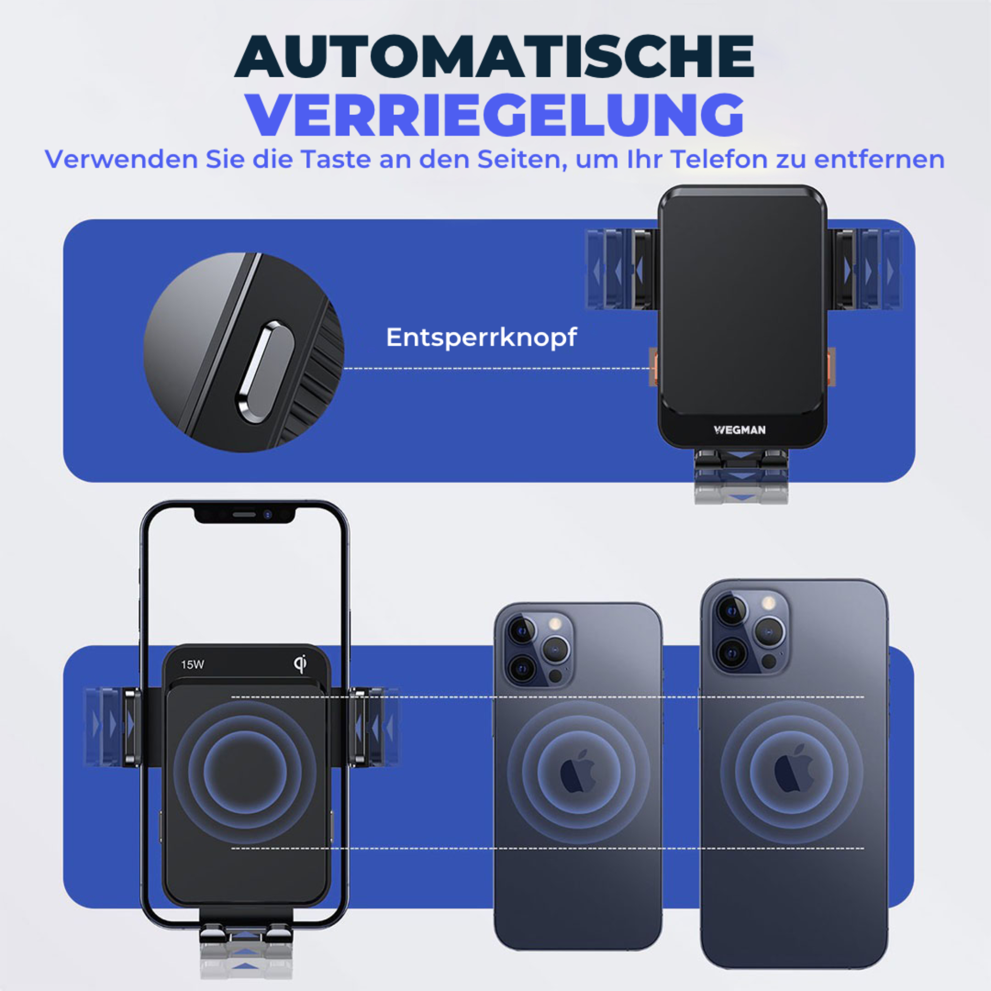 Schwarze Telefonhalterung mit Telefonen auf blauem Hintergrund, Text über Verriegelung.