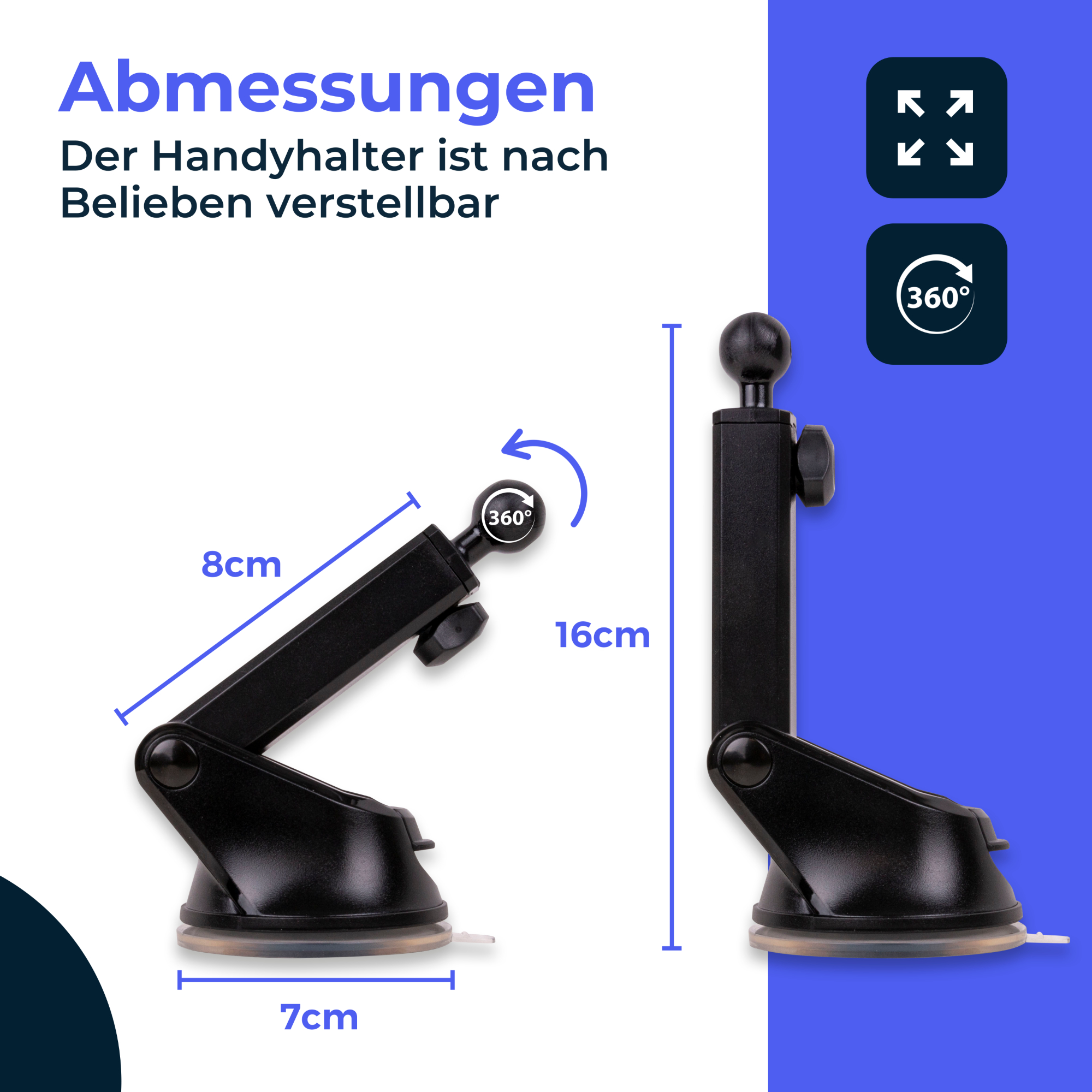 Schwarzer Telefonhalter mit Saugnapfbasis, verstellbar und drehbar.