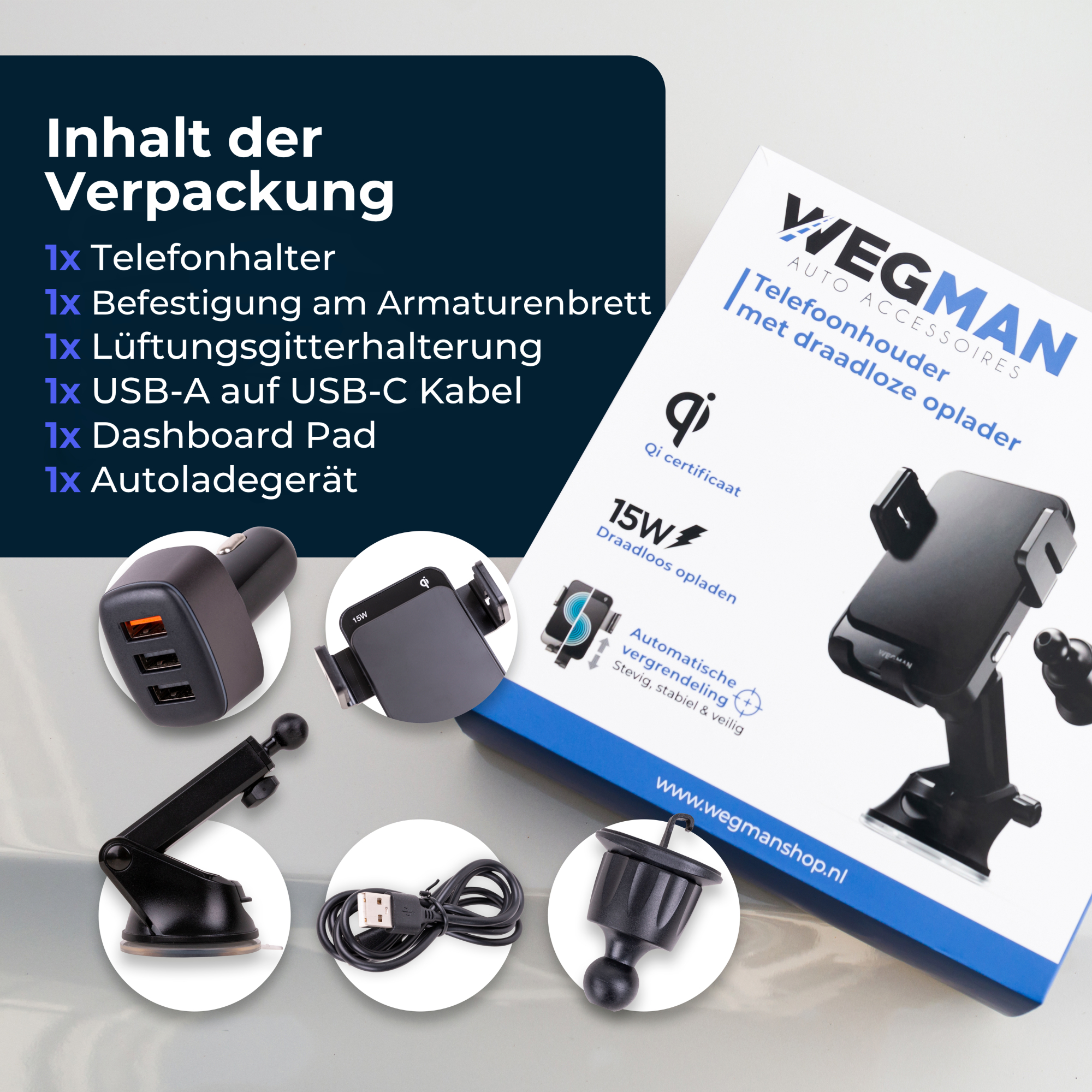Box mit Telefonhalter, Ladegerät und Kabeln sowie Text auf Deutsch und Niederländisch.