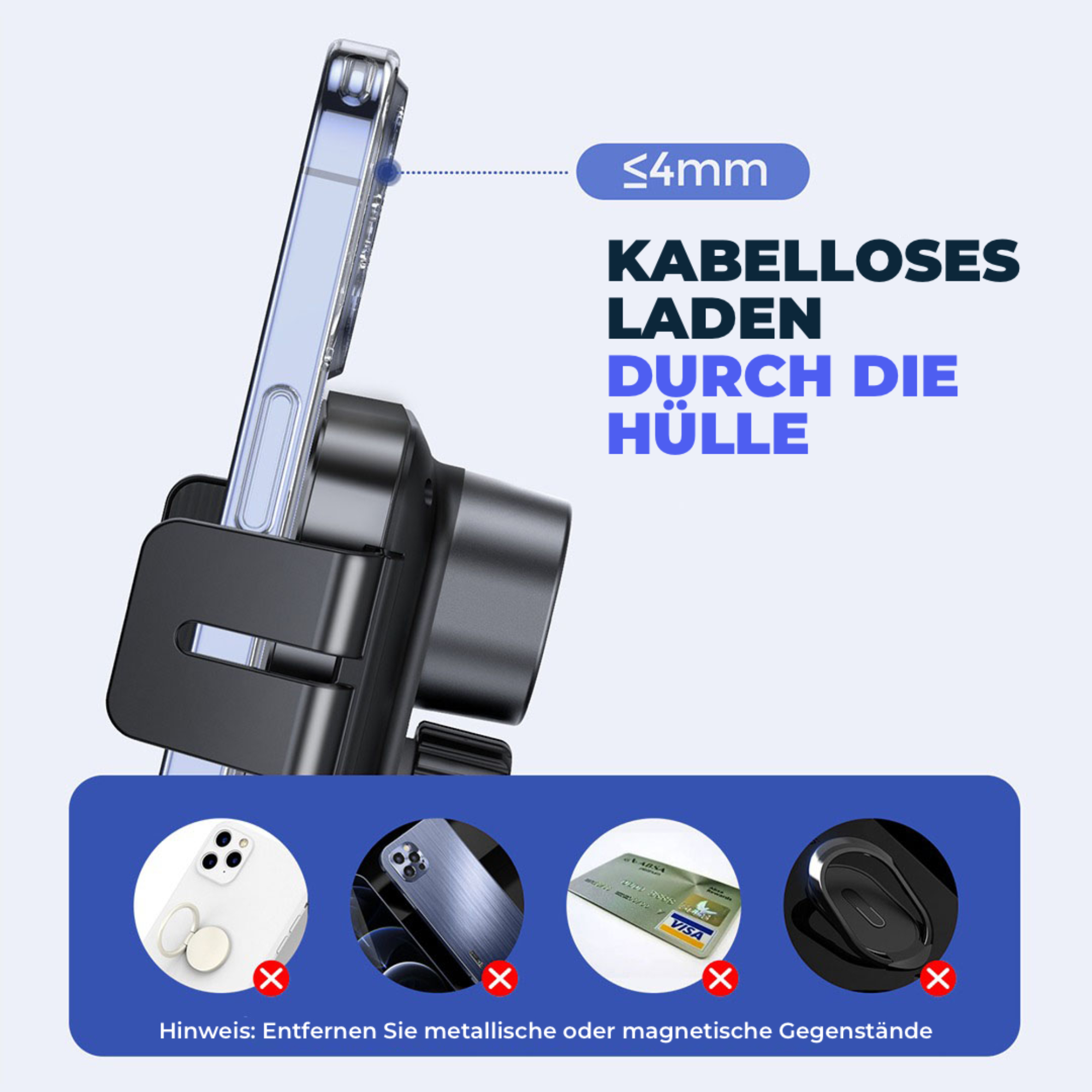 Telefon in einer Ladehalterung mit Text. Zeigt, dass metallische und magnetische Gegenstände nicht erlaubt sind.