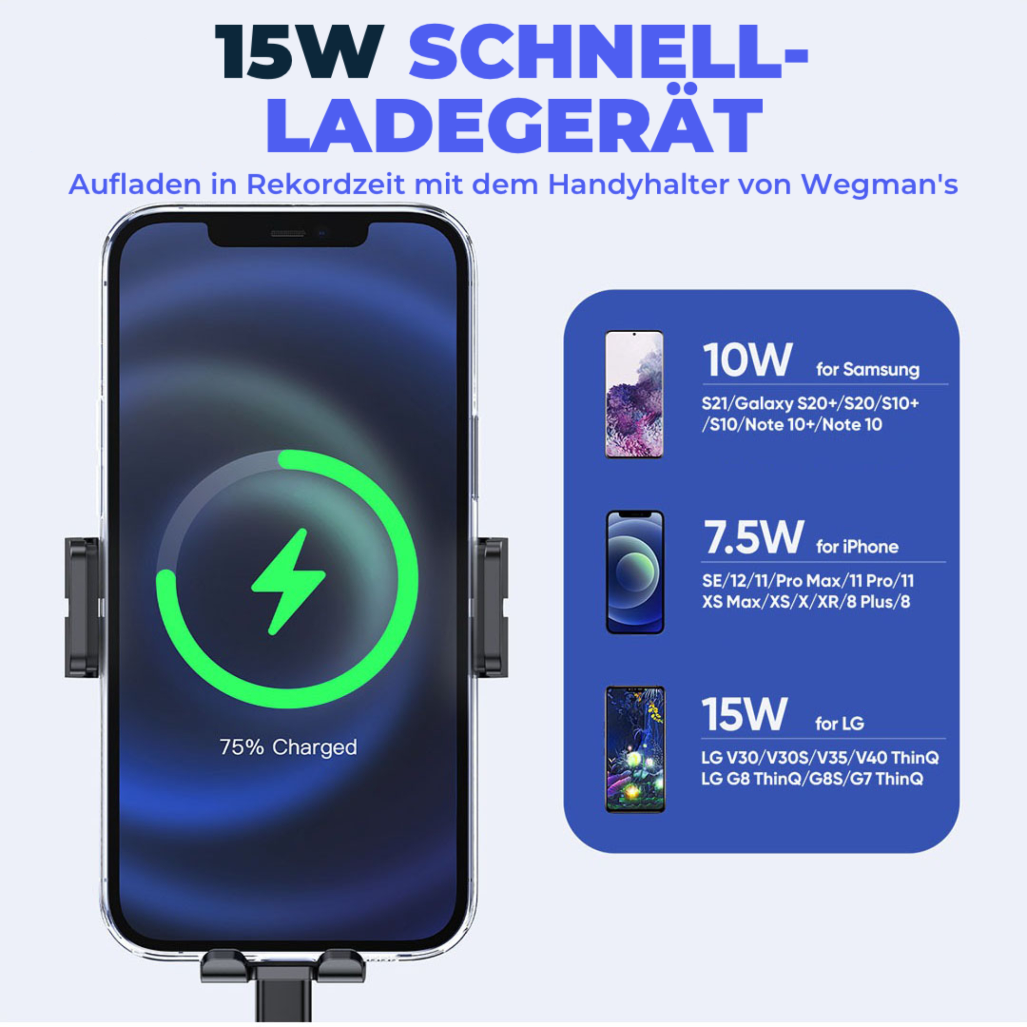 Drahtloses Aufladen eines Telefons. Text beschreibt Ladegeschwindigkeiten. Blauer Farbverlauf im Hintergrund.
