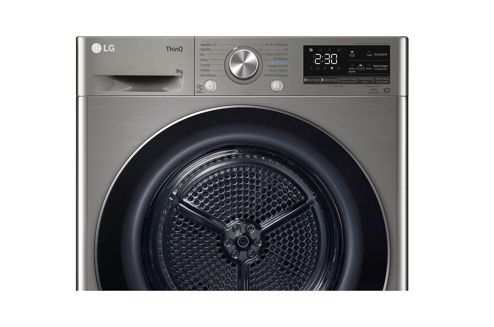 Suszarka LG z wyświetlaczem cyfrowym, srebrny kolor, zbliżenie, na białym tle.