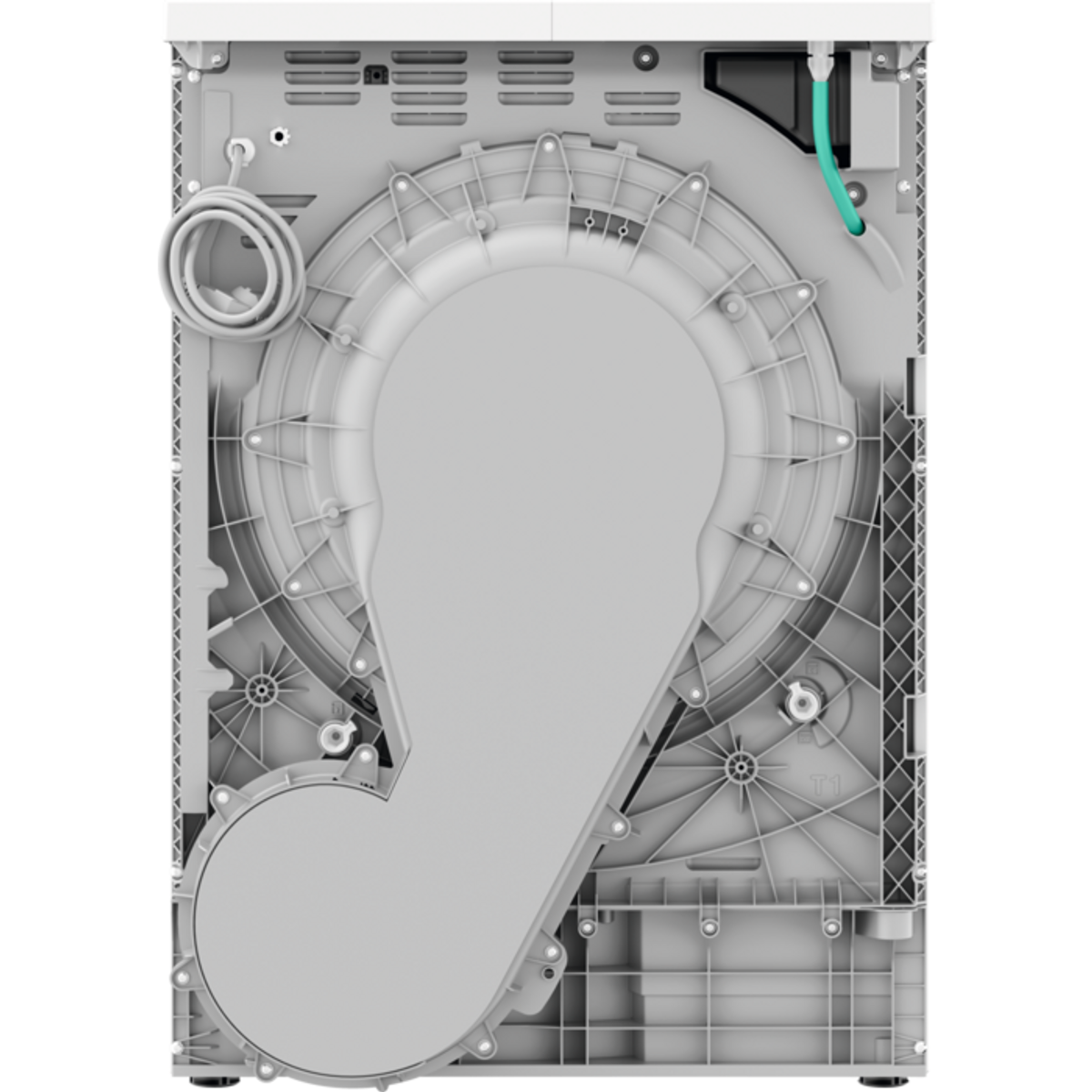 Widok z tyłu na dół białej suszarki. Widoczne są elementy wewnętrzne.