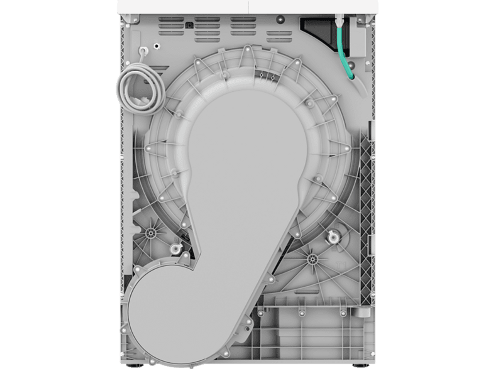 Wnętrze pralki. Bęben i elementy wewnętrzne są widoczne.