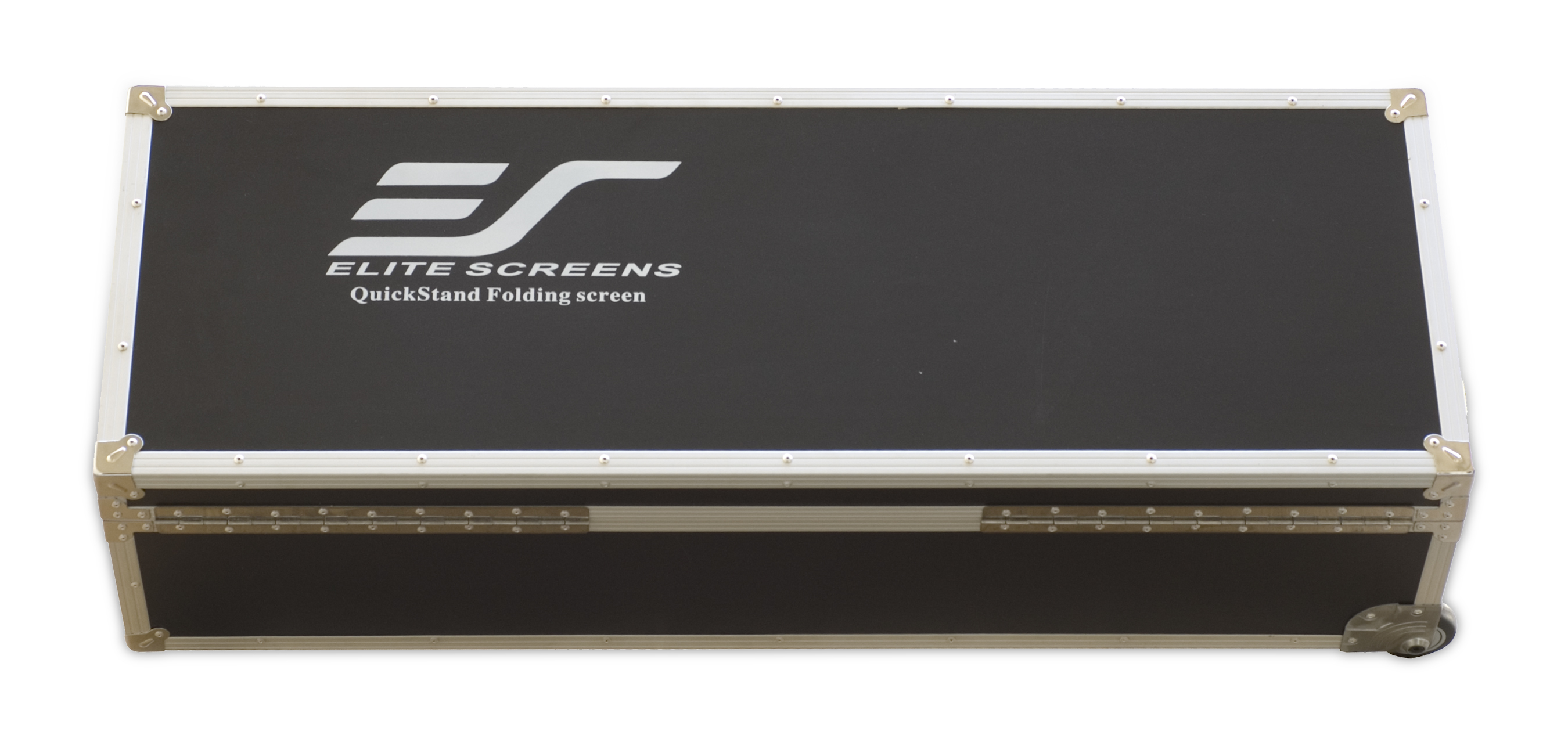 A black box with a silver frame. It has the words 'ELITE SCREENS' and 'QuickStand Folding screen' printed on it.