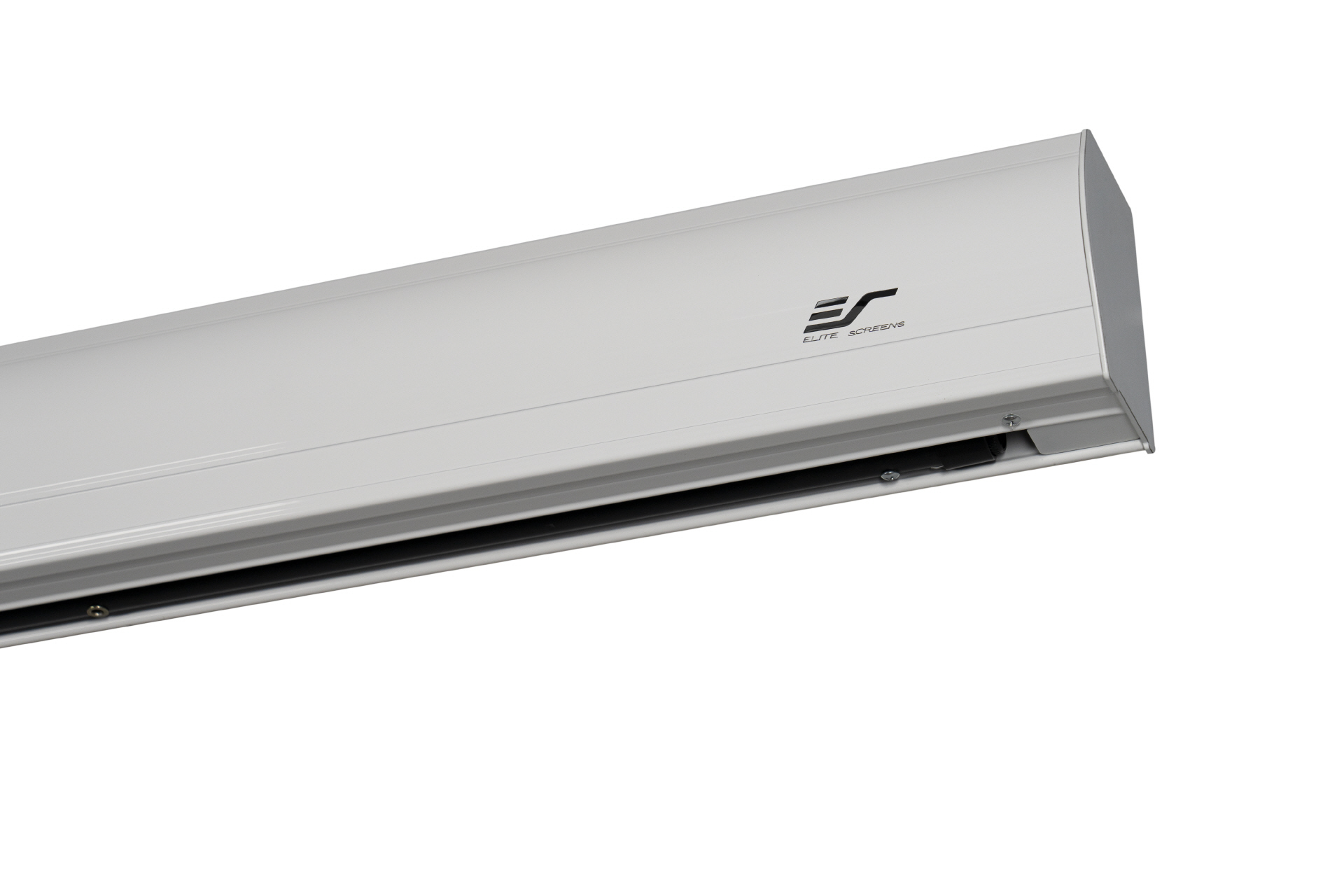 Alloggiamento schermo argento con la scritta 'ELITE SCREENS' su sfondo bianco.