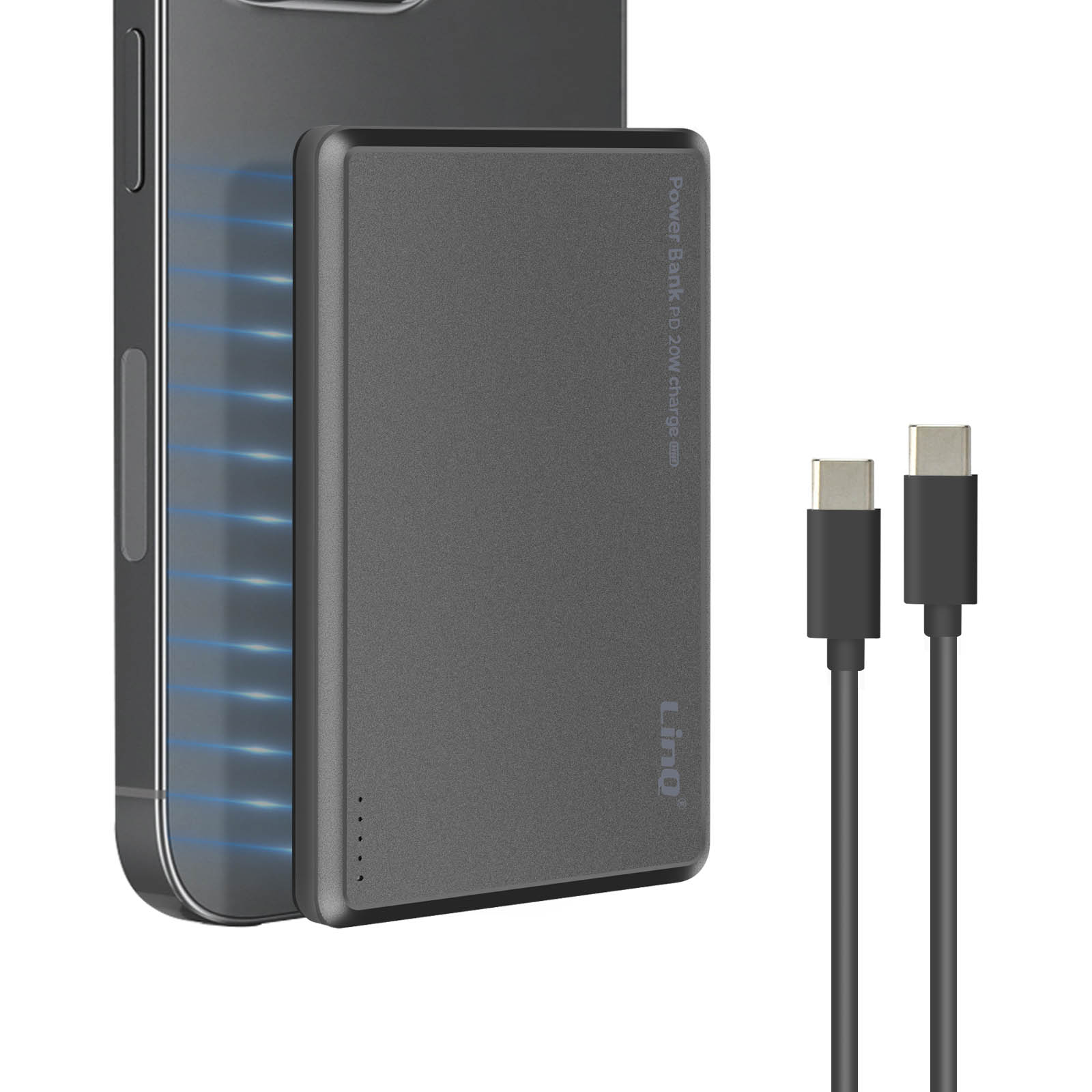 Batería externa gris oscuro junto a un teléfono, con cables de carga conectados.