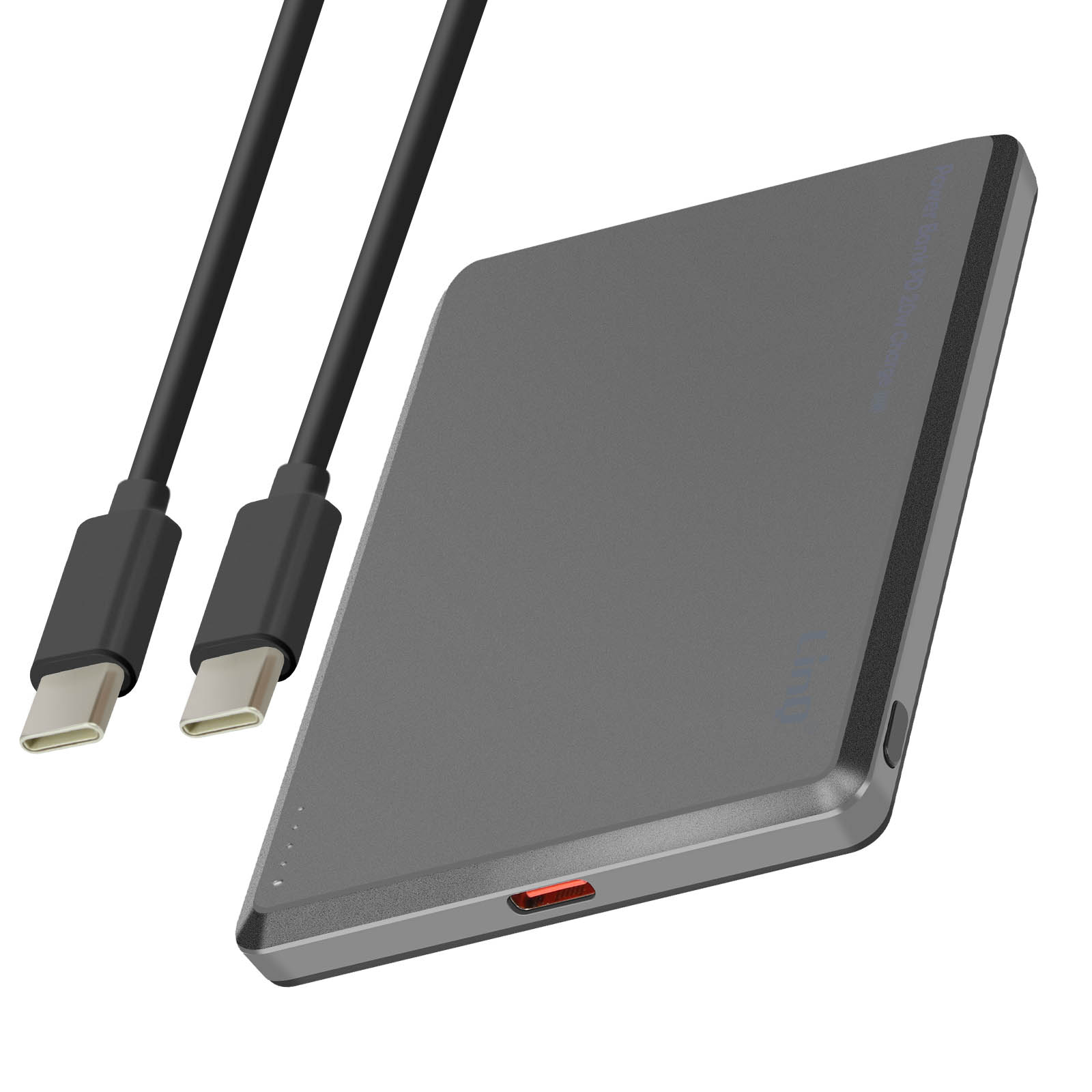Disco duro externo gris con dos cables USB negros. Los cables tienen conectores USB-C.