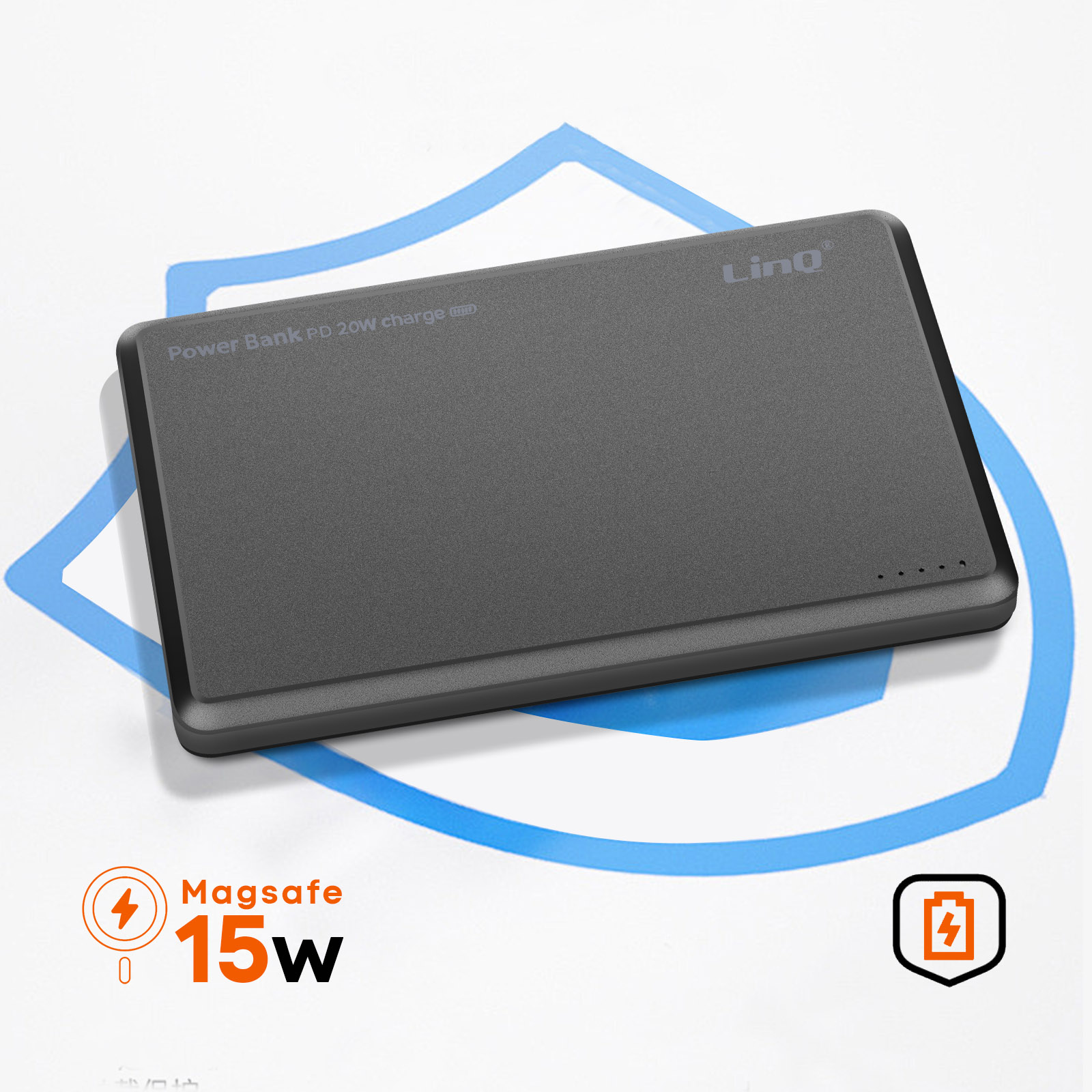 Un power bank Lino gris. Tiene un icono de carga y una etiqueta 'Magsafe 15W'.