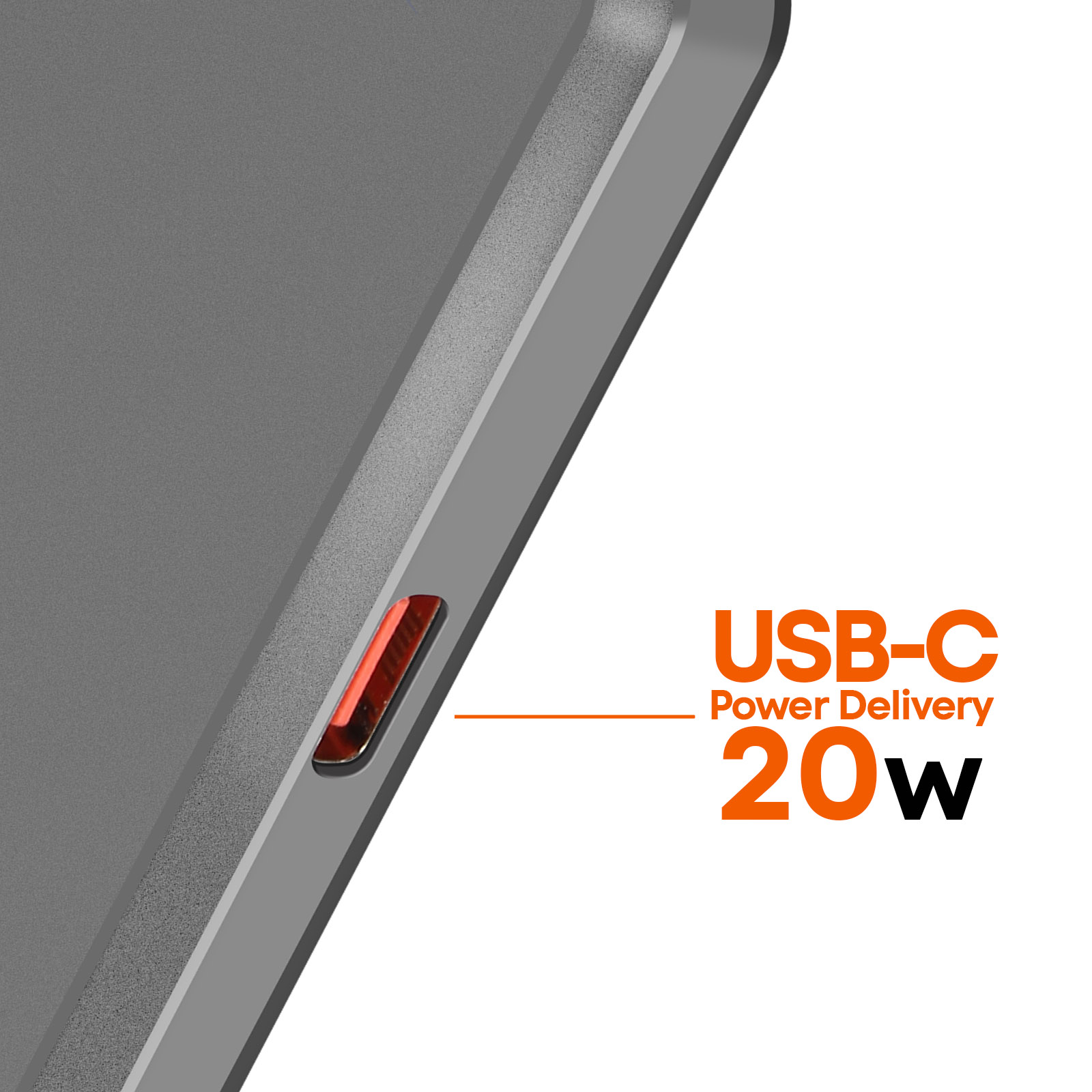 Primer plano de un dispositivo gris con puerto USB-C. Texto: 'USB-C Power Delivery 20W'.