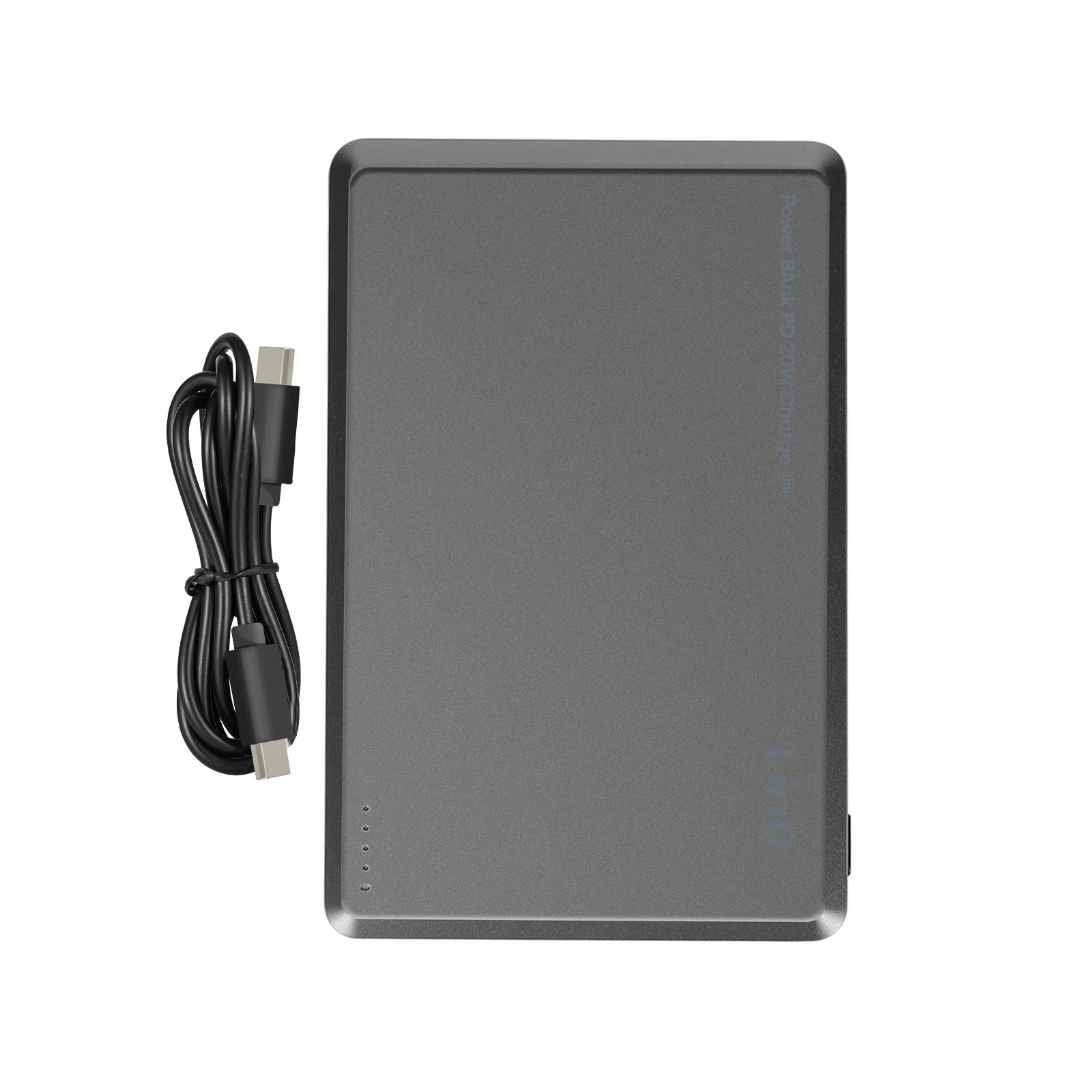Batería externa gris oscuro con cable negro. Tiene unos indicadores LED.