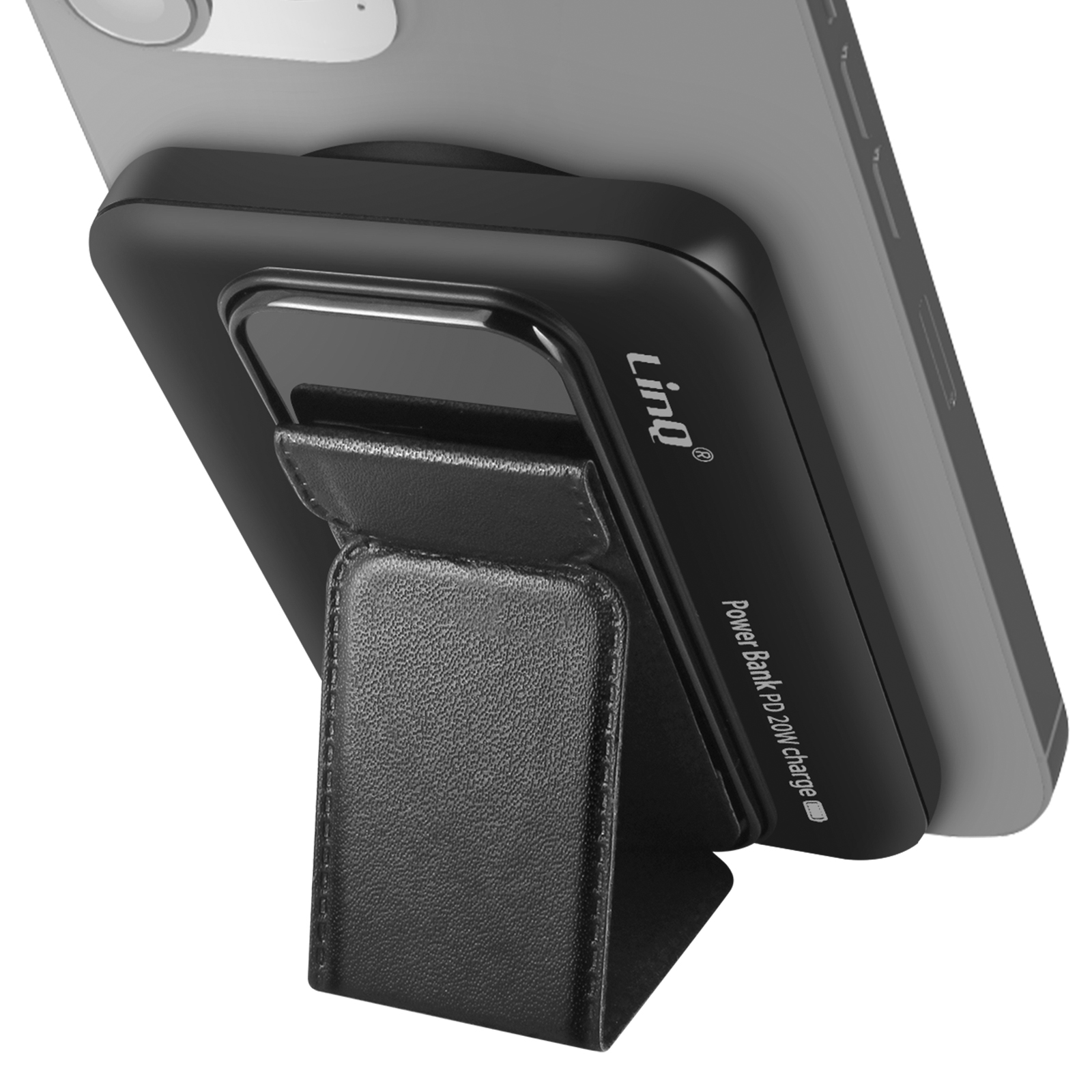 Telefono nero collegato a un power bank. Il power bank ha un supporto nero e un piccolo labbro.