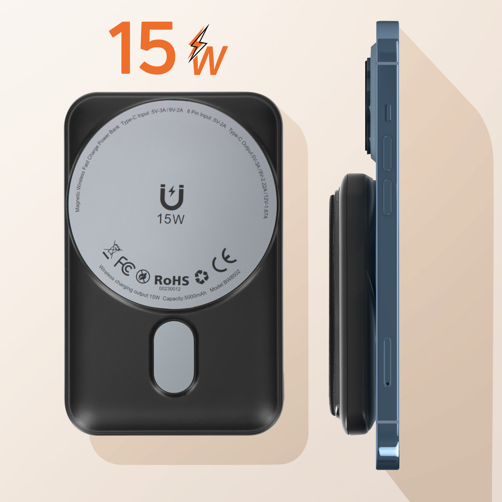 Un caricatore wireless nero e grigio con un telefono collegato. Il caricatore ha un logo da 15W.