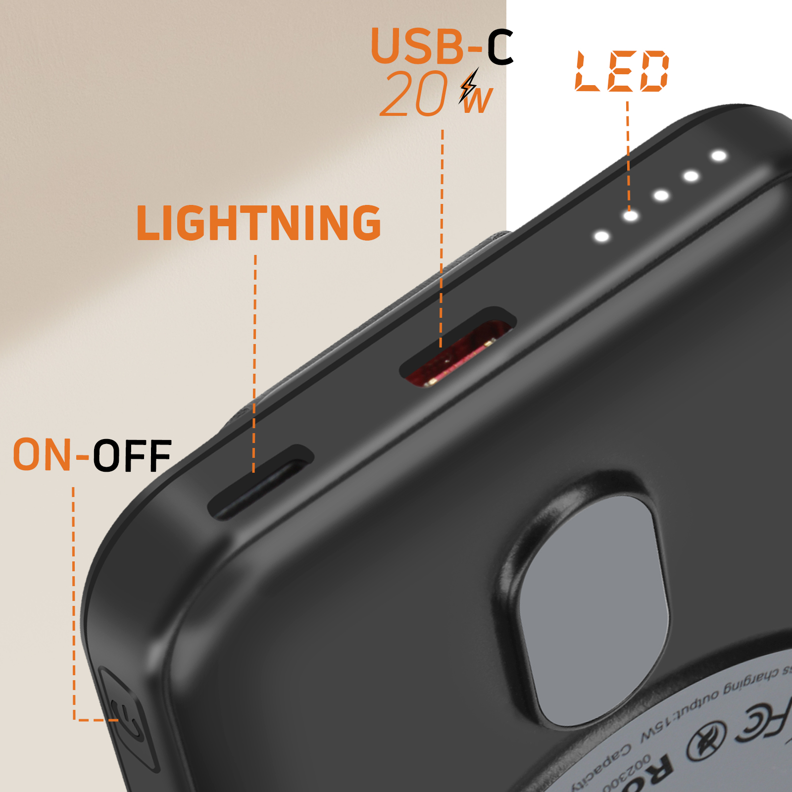 Un power bank nero con porta Lightning, porta USB-C e indicatore LED.
