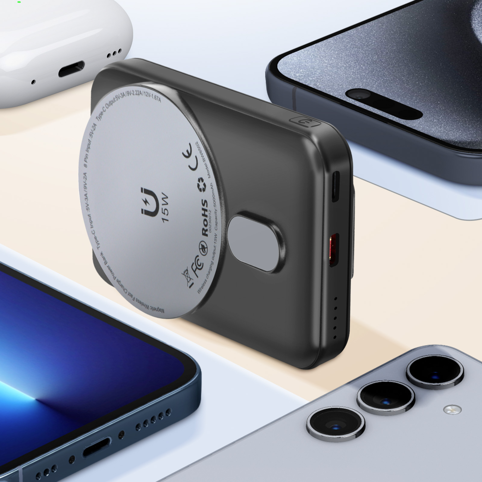 Caricatore wireless con più smartphone, su una superficie bianca.
