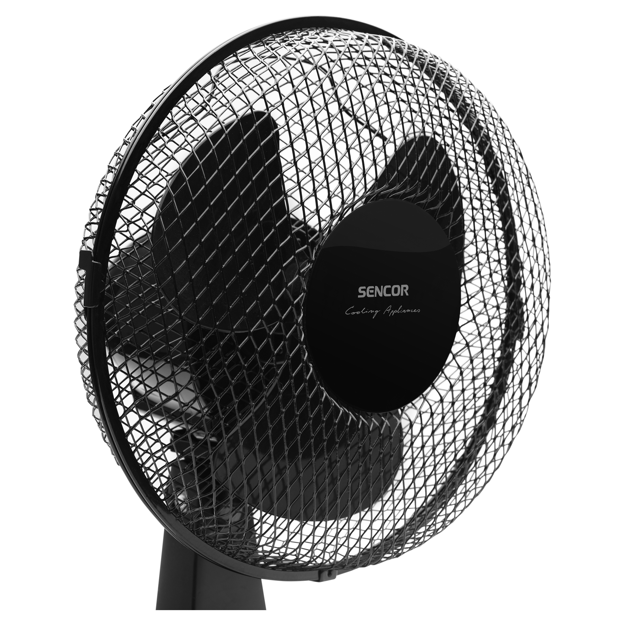 Ventilateur de bureau noir avec une grille noire. Fond blanc.