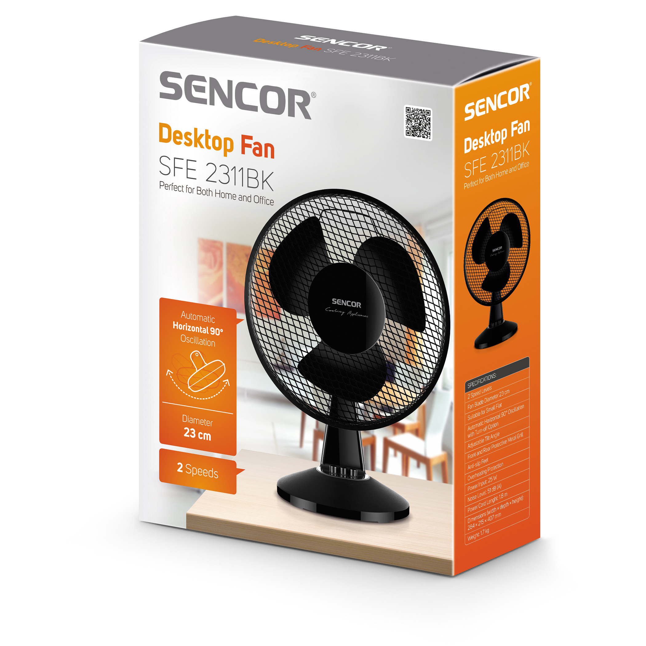 Boîte de ventilateur de bureau SENCOR. Image du ventilateur sur la boîte. Fond blanc.