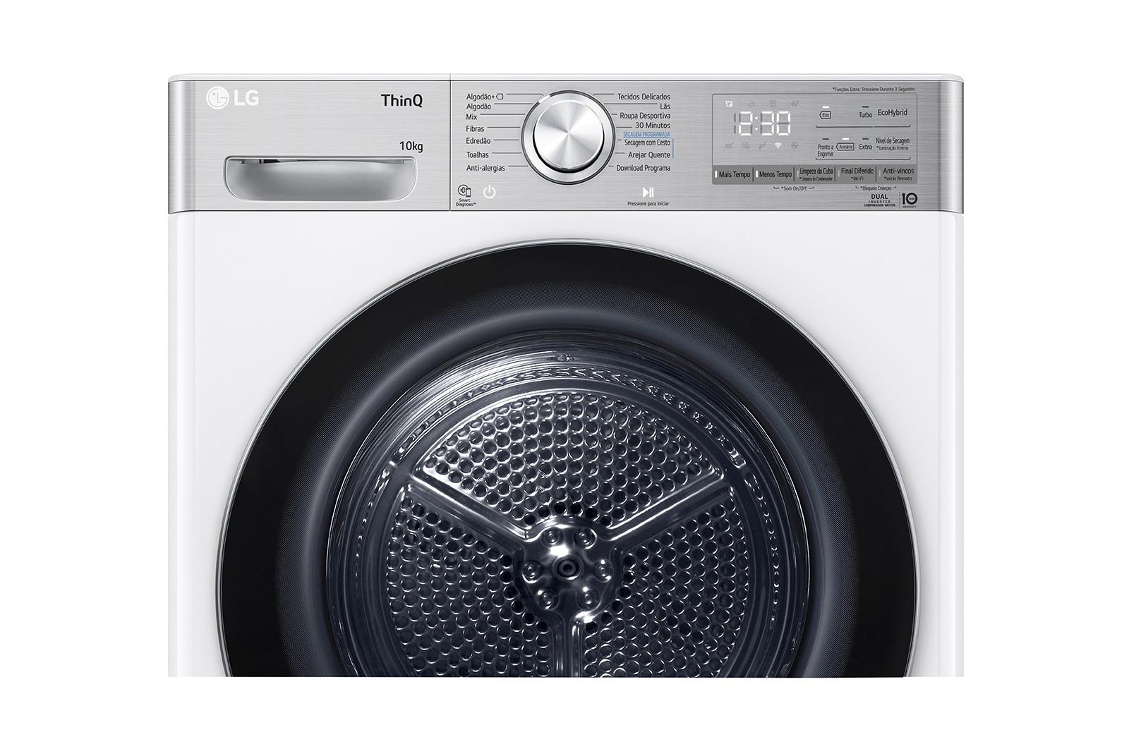 Vista frontal de una secadora LG blanca. Tiene un panel plateado con dial, pantalla digital y botones de control.
