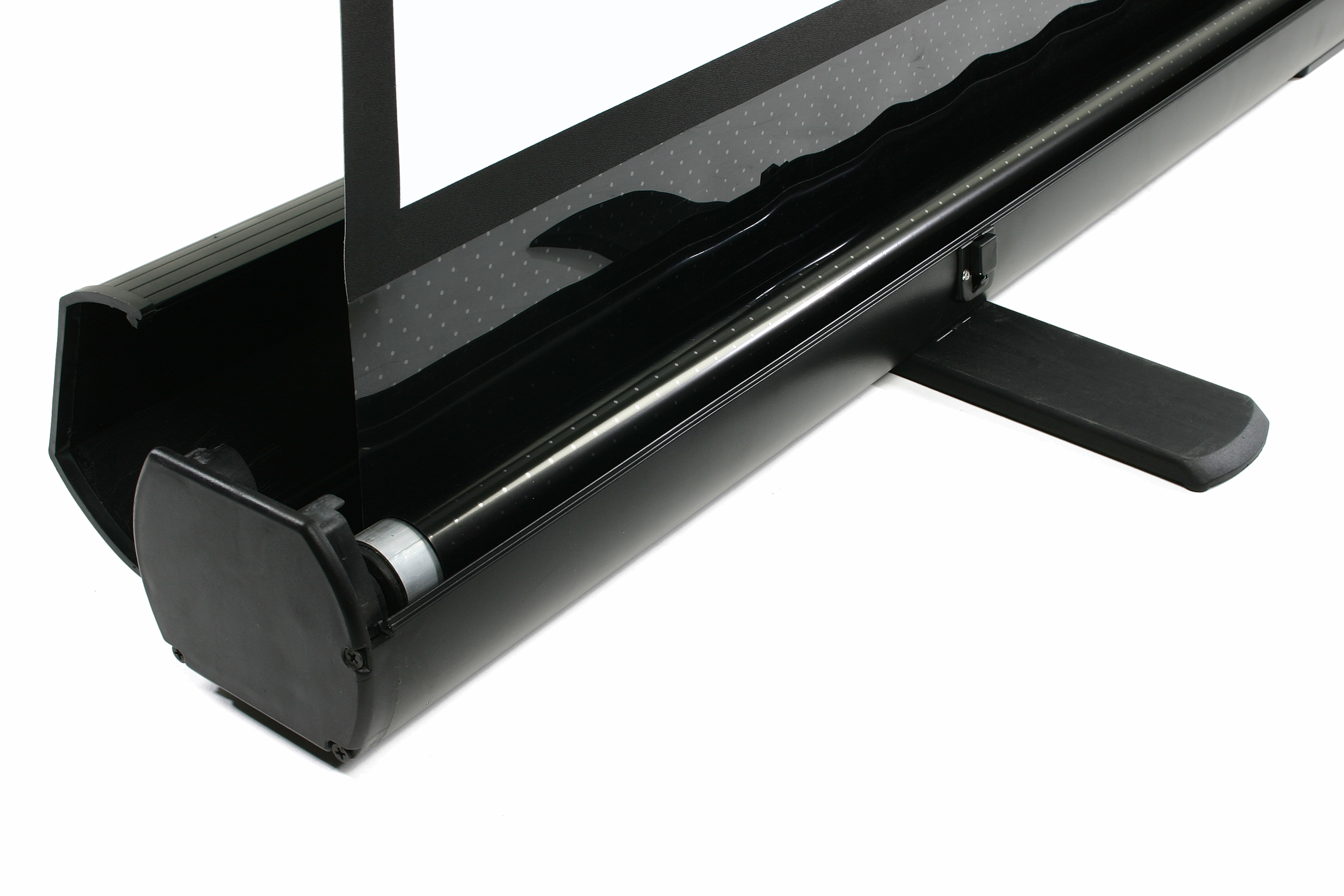 Black projector screen base, with a support leg and a roller mechanism, on a white background.
