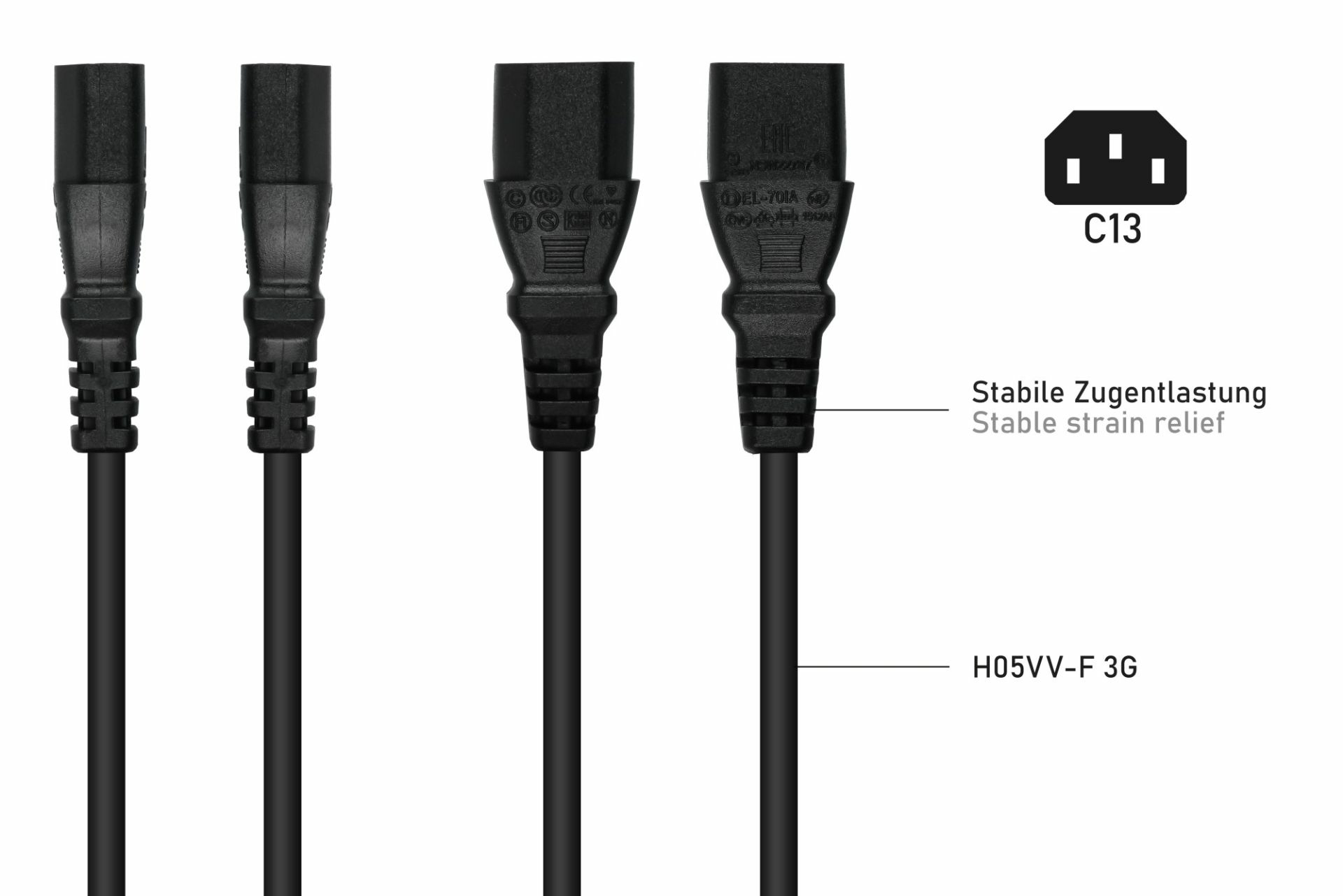 Mehrere schwarze Netzkabel mit Steckern, Text, der die Zugentlastung anzeigt, weißer Hintergrund.