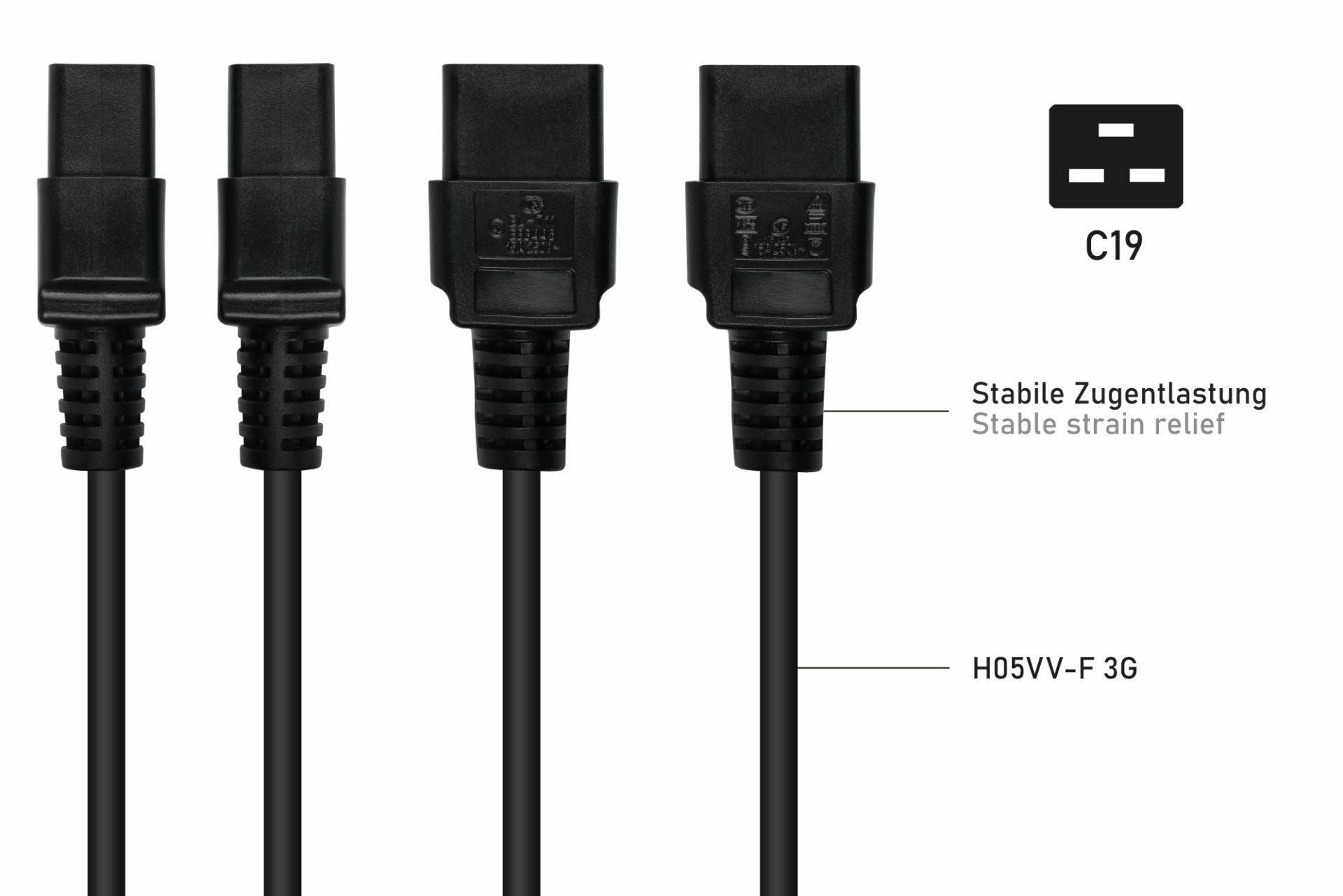 Vier schwarze Netzkabel mit unterschiedlichen Steckertypen und eine C19-Stecker-Illustration.