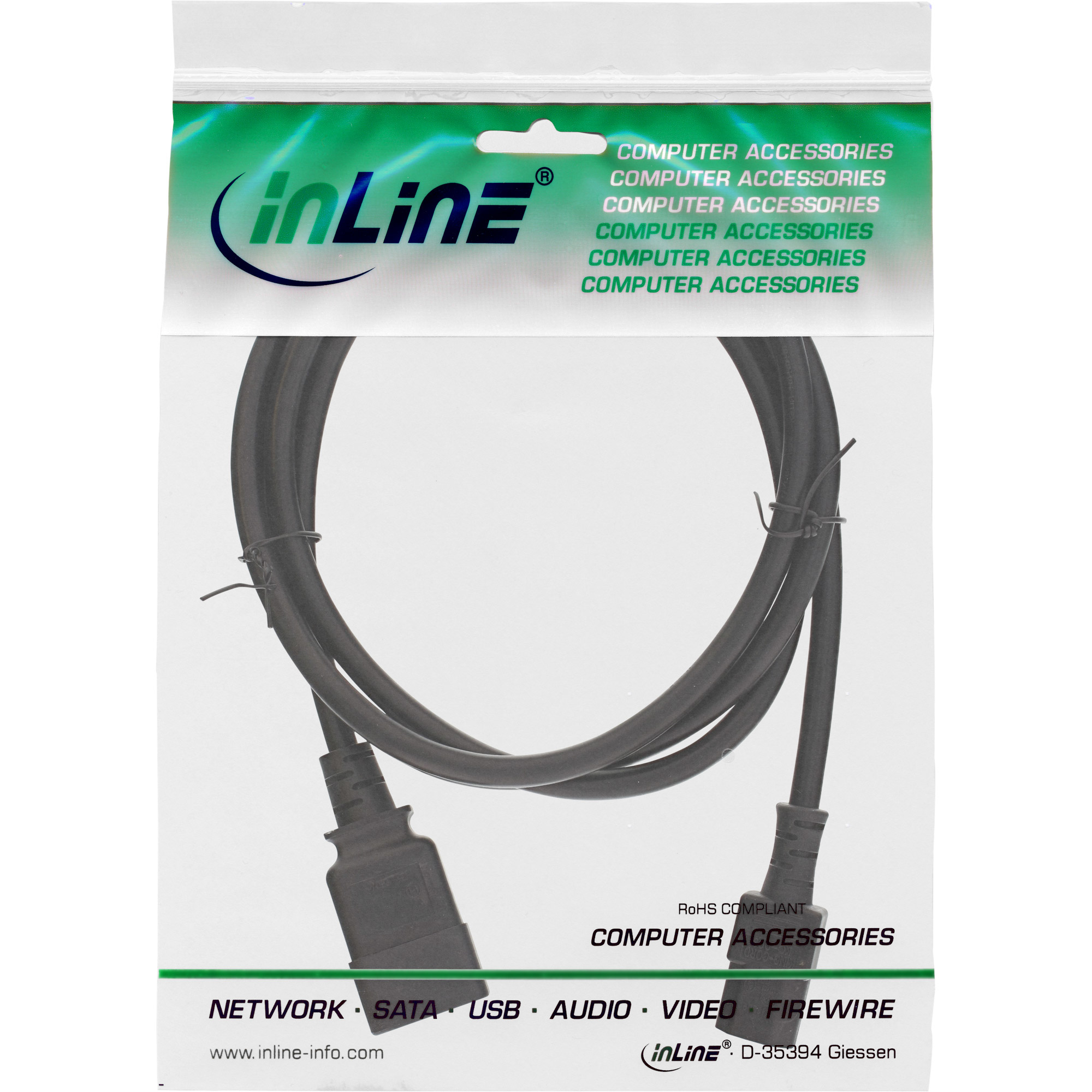 Schwarzes Kabel in Plastiktüte mit Text, auf weißem Hintergrund. InLine-Logo sichtbar.