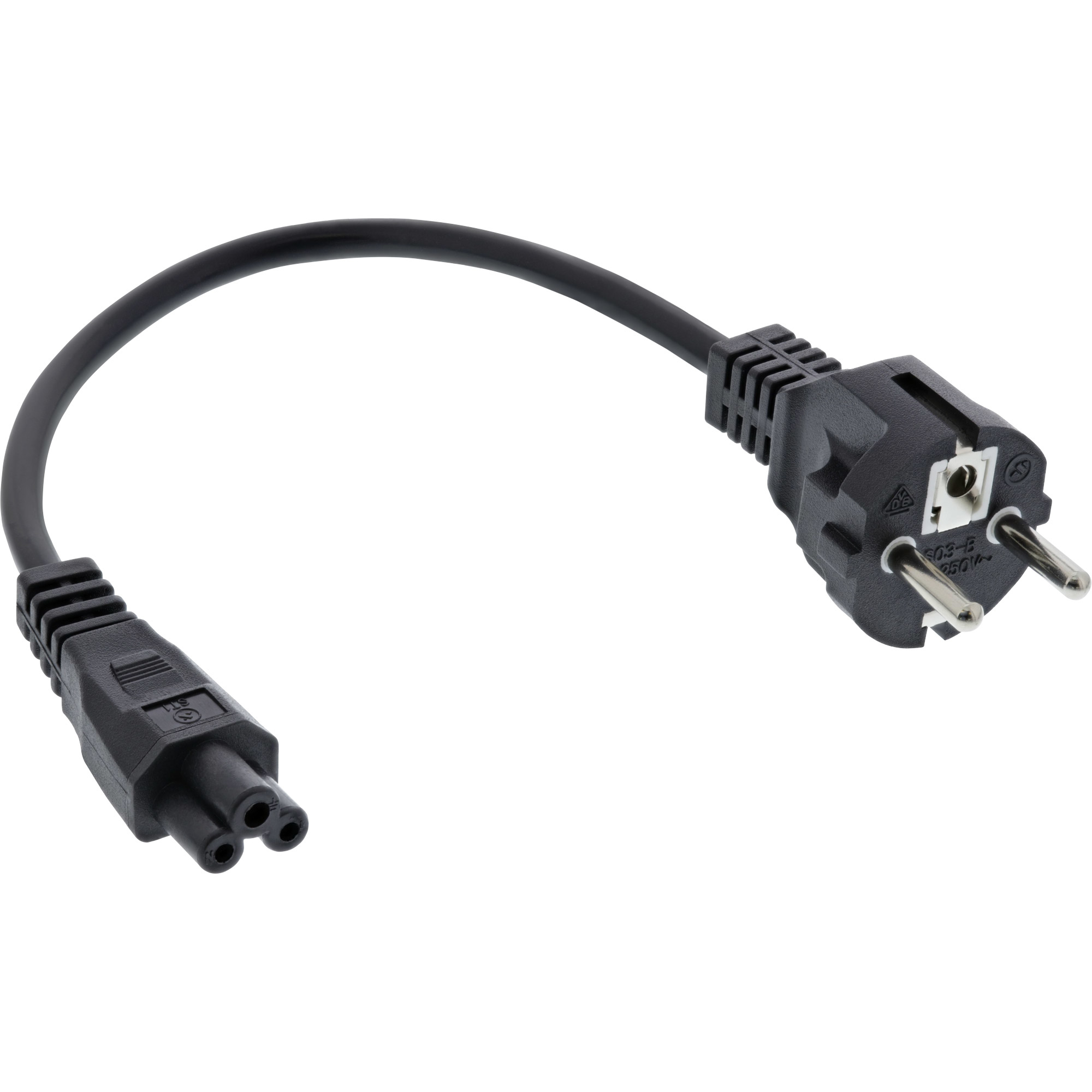 Schwarzes Netzkabel mit einem Dreipol-Stecker an einem Ende und einem Zweipol-Stecker am anderen.